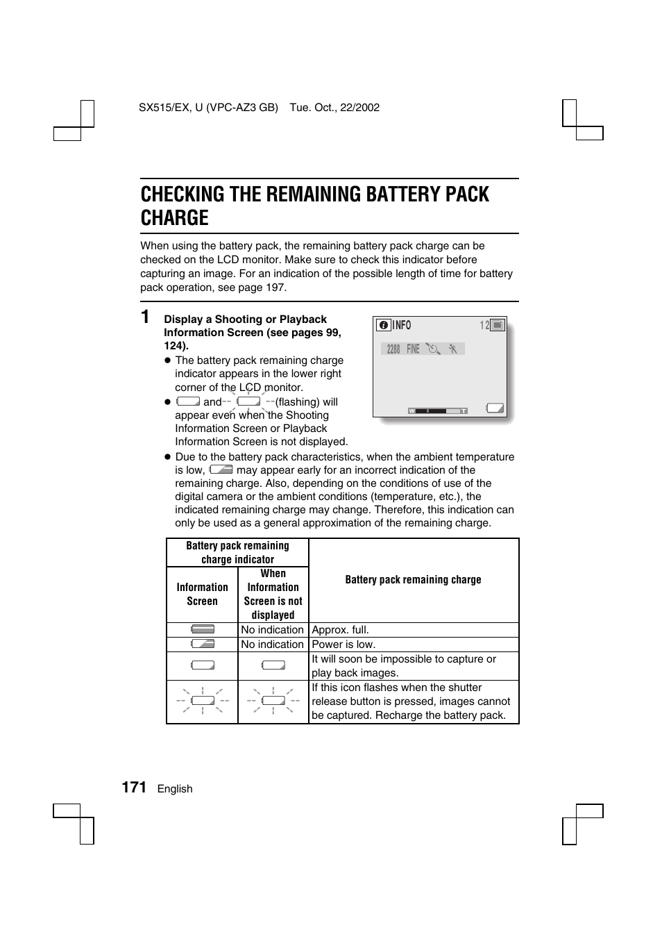 Checking the remaining battery pack charge | Sanyo VPC-AZ3 EX User Manual | Page 174 / 207