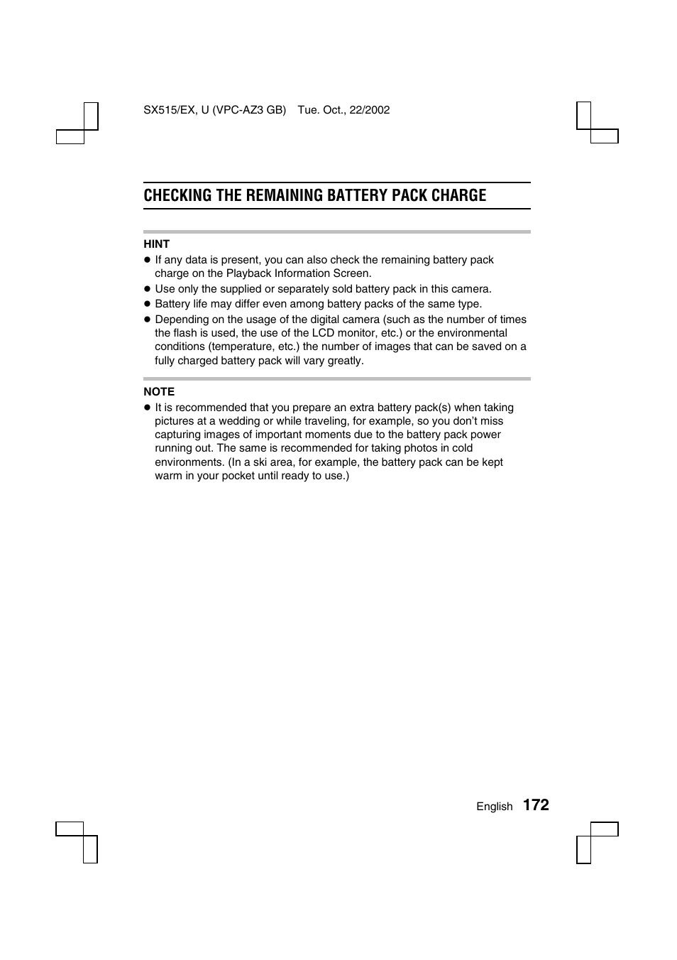 Checking the remaining battery pack charge | Sanyo VPC-AZ3 EX User Manual | Page 175 / 207