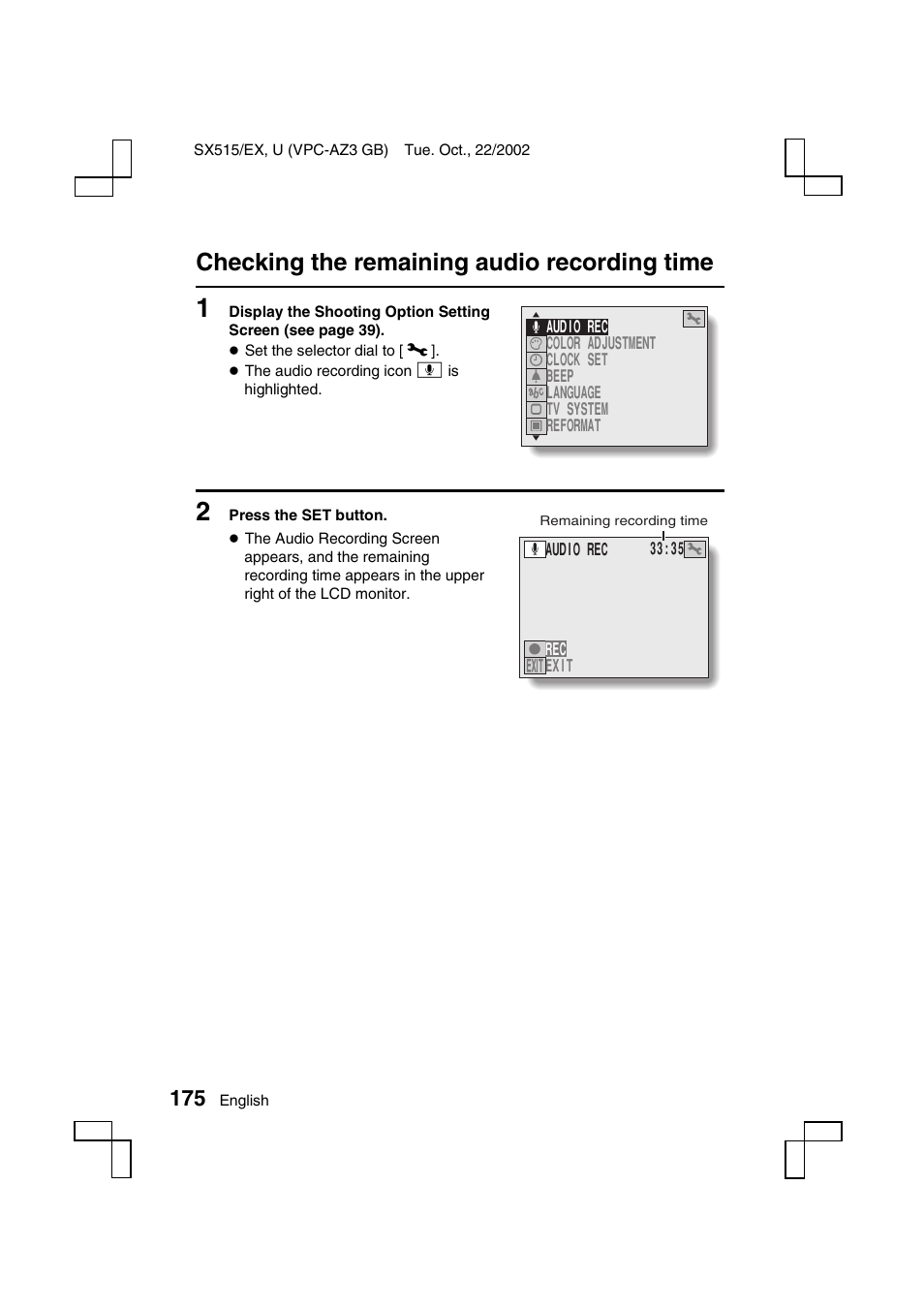 Checking the remaining audio recording time | Sanyo VPC-AZ3 EX User Manual | Page 178 / 207