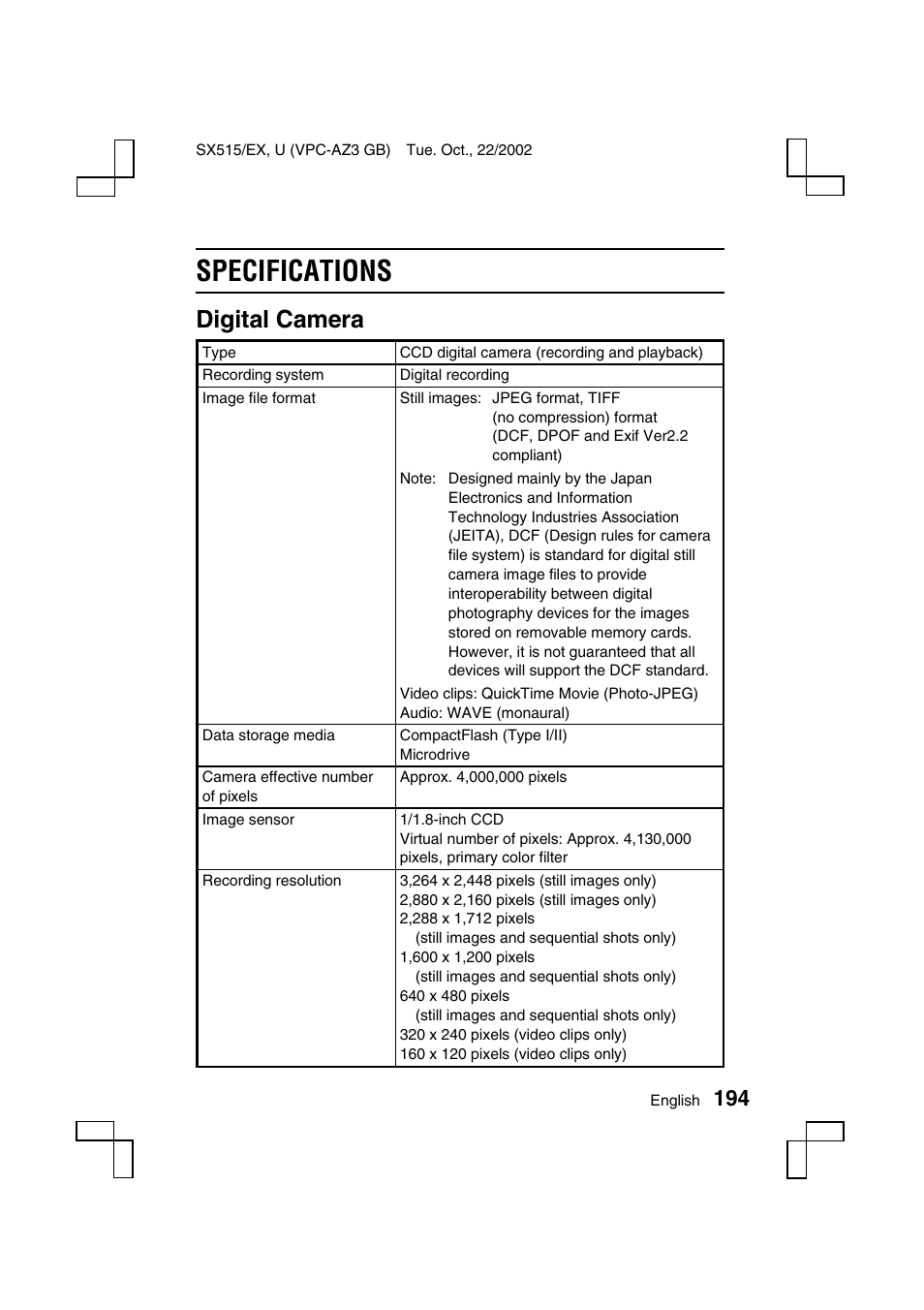 Specifications, Digital camera | Sanyo VPC-AZ3 EX User Manual | Page 197 / 207