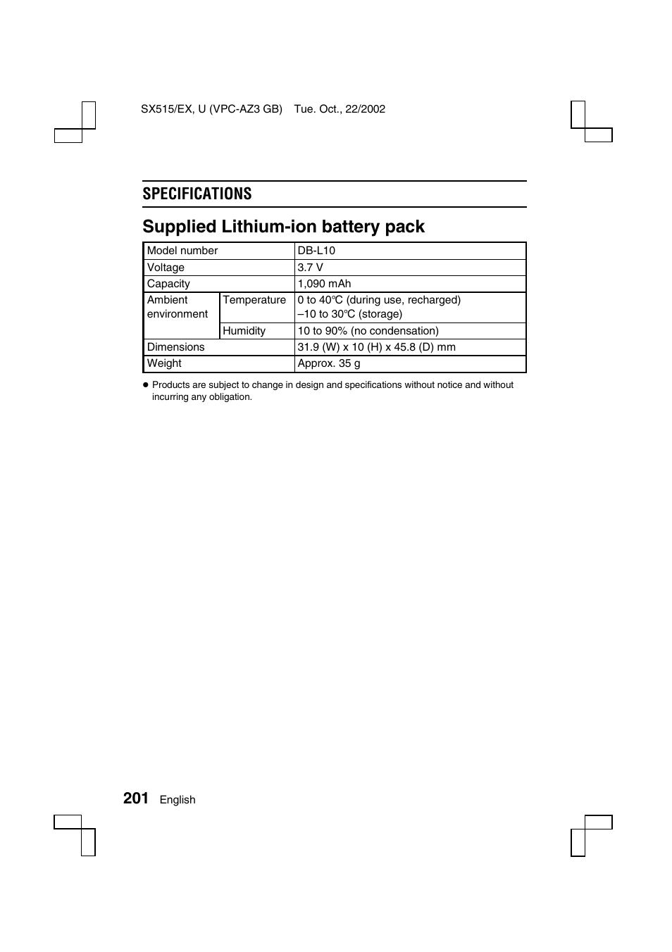 Supplied lithium-ion battery pack, Specifications | Sanyo VPC-AZ3 EX User Manual | Page 204 / 207