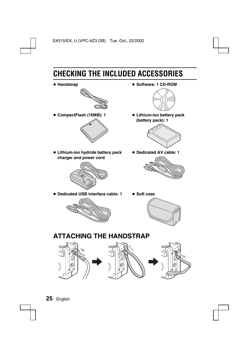 Checking the included accessories, Attaching the handstrap | Sanyo VPC-AZ3 EX User Manual | Page 28 / 207