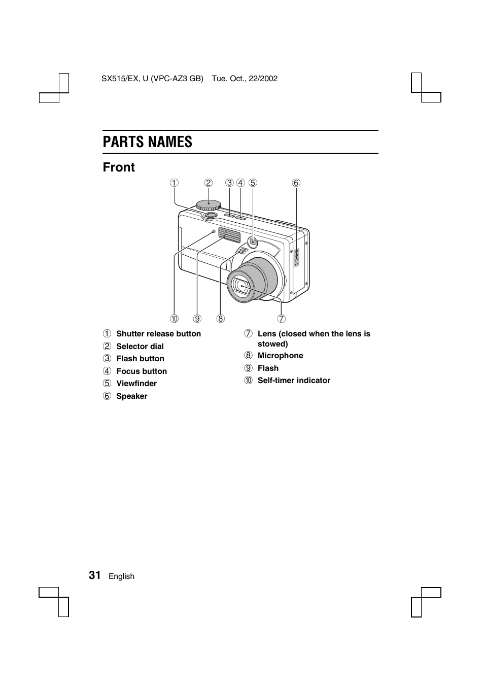 Parts names, Front | Sanyo VPC-AZ3 EX User Manual | Page 34 / 207