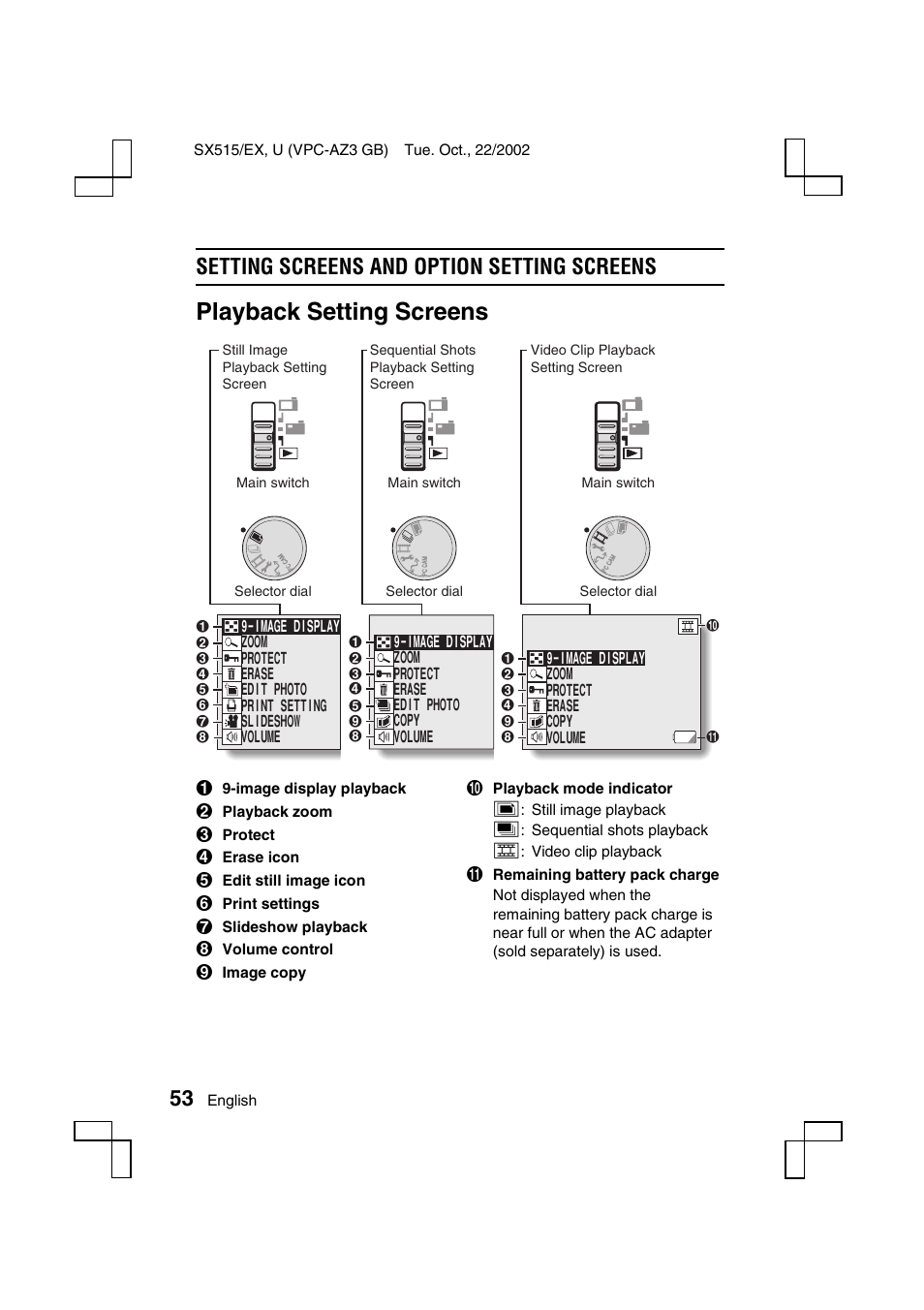 Playback setting screens, Setting screens and option setting screens | Sanyo VPC-AZ3 EX User Manual | Page 56 / 207