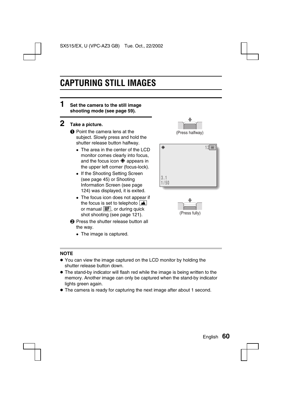 Capturing still images | Sanyo VPC-AZ3 EX User Manual | Page 63 / 207