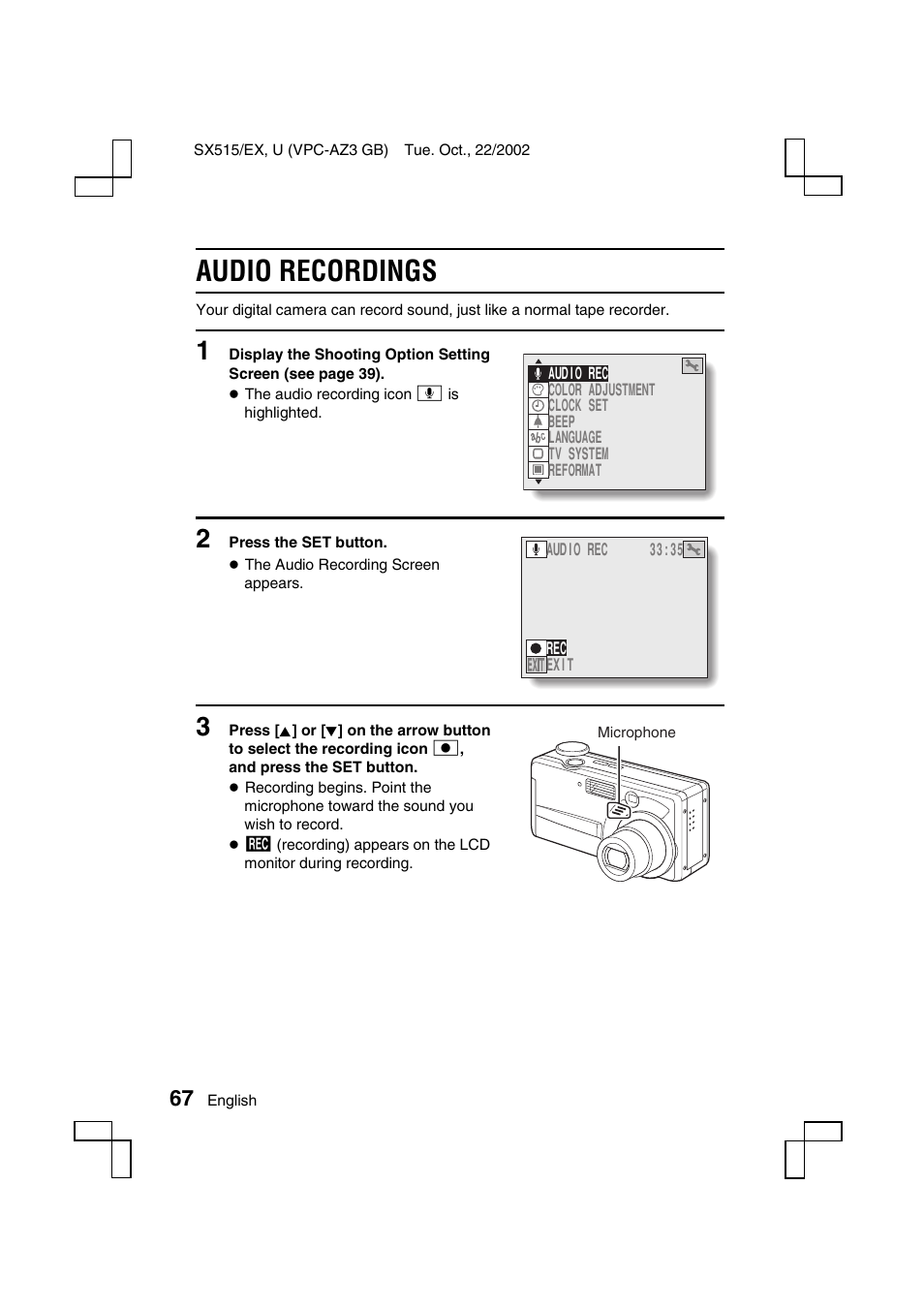 Audio recordings | Sanyo VPC-AZ3 EX User Manual | Page 70 / 207