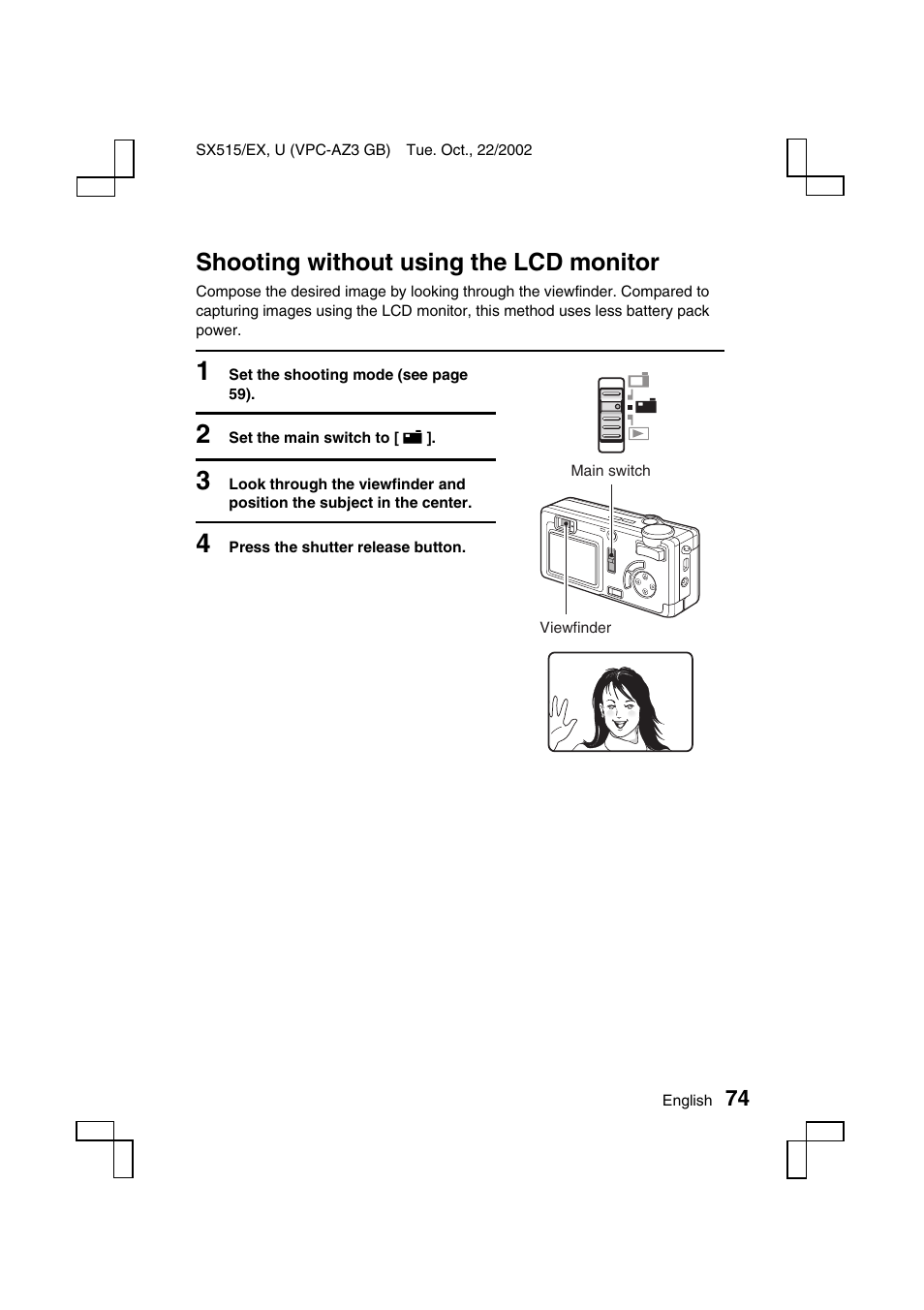 Shooting without using the lcd monitor | Sanyo VPC-AZ3 EX User Manual | Page 77 / 207