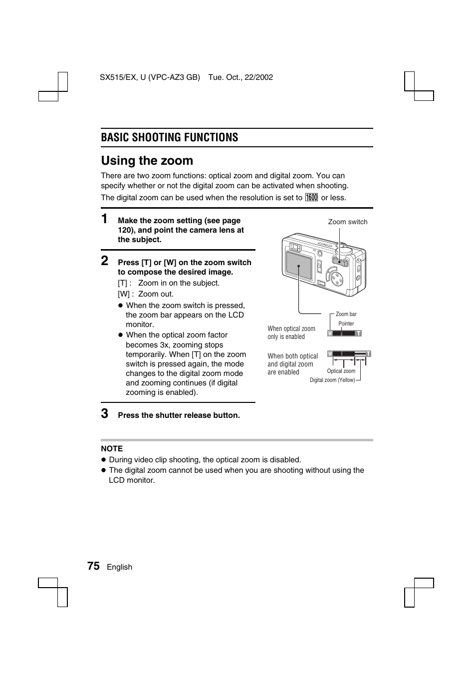 Using the zoom, Basic shooting functions | Sanyo VPC-AZ3 EX User Manual | Page 78 / 207