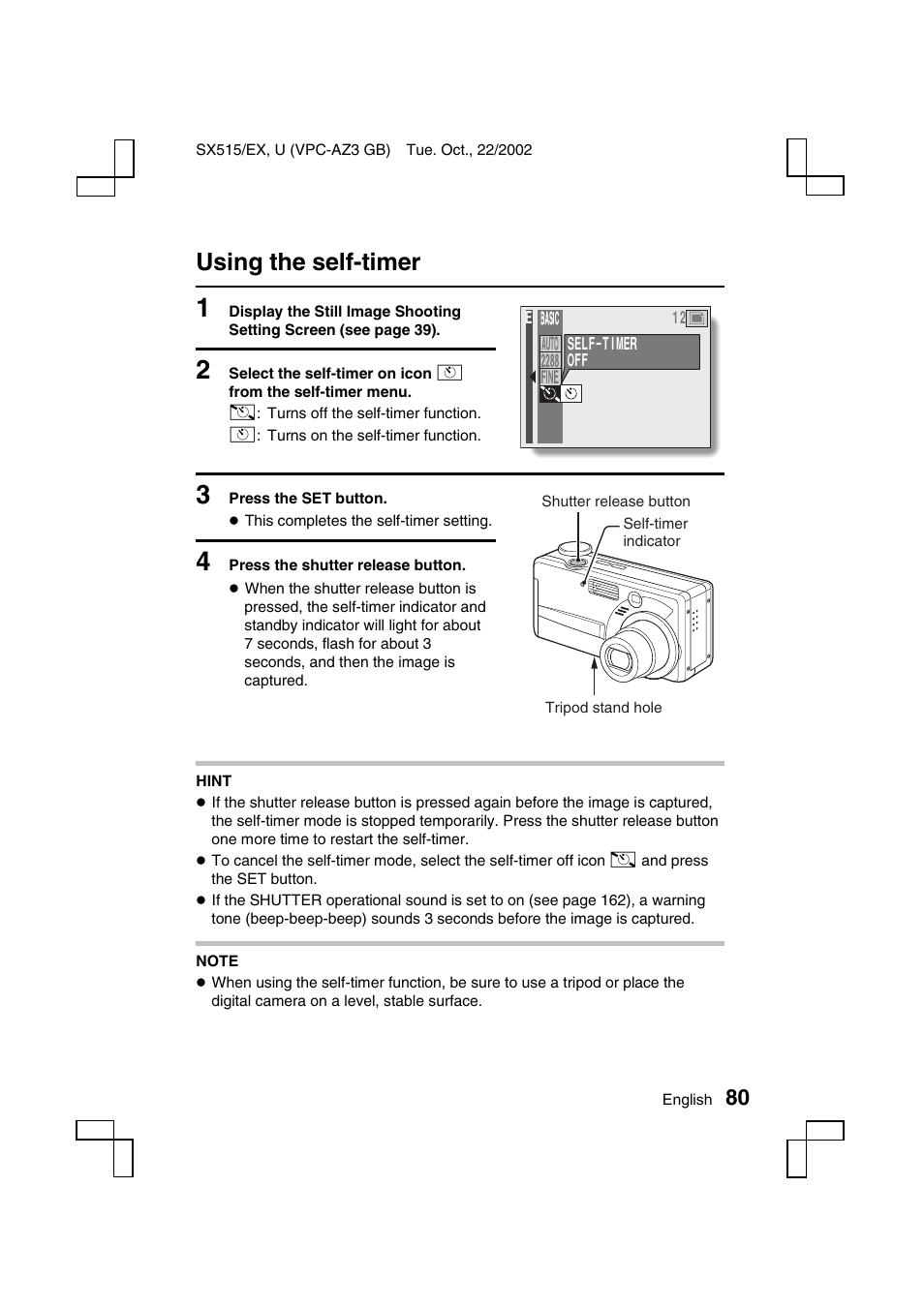 Using the self-timer | Sanyo VPC-AZ3 EX User Manual | Page 83 / 207