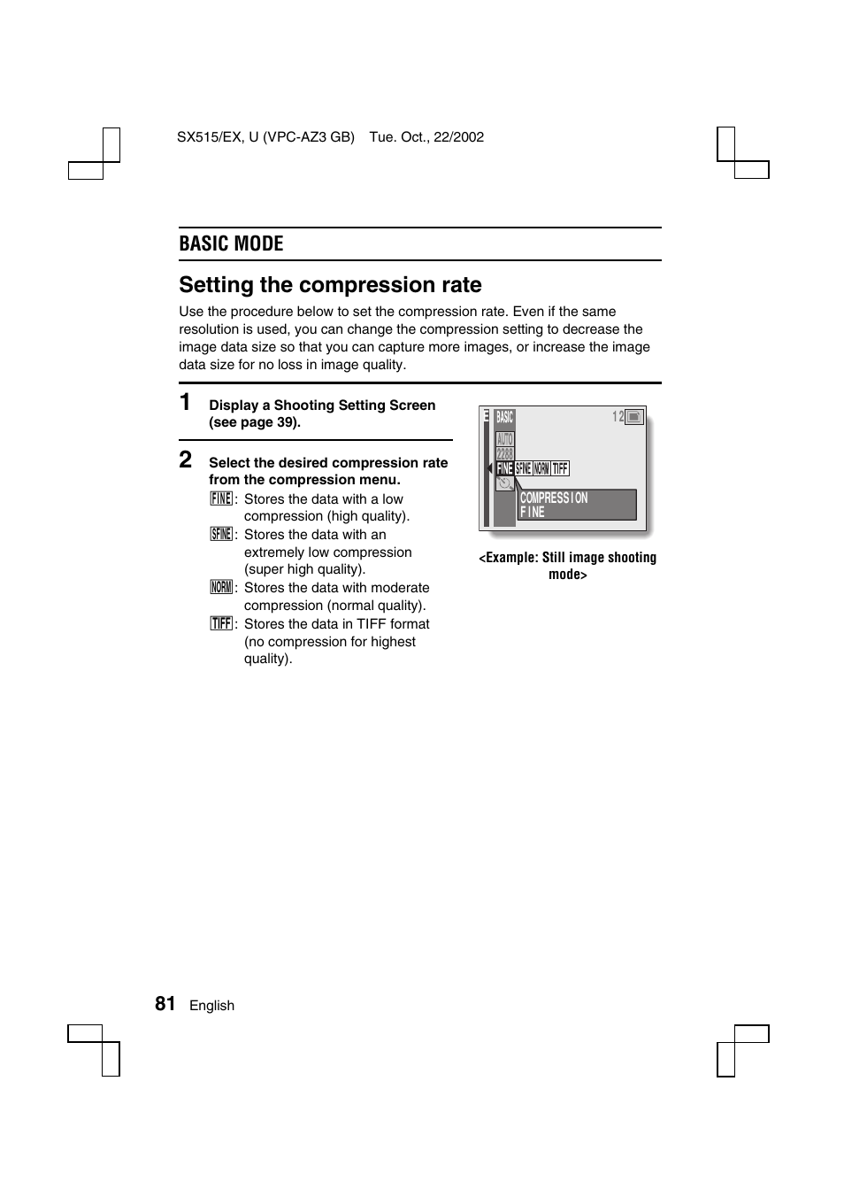 Setting the compression rate, Basic mode | Sanyo VPC-AZ3 EX User Manual | Page 84 / 207