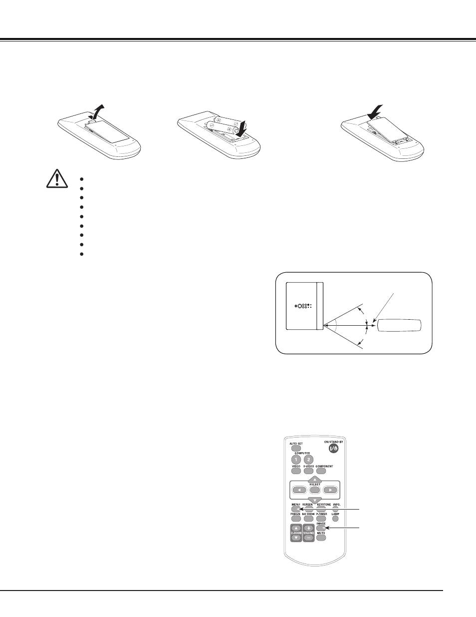 Remote control battery installation, Remote control operating range, Remote control code | Part names and functions | Sanyo PJ LINK PLC-XU106 User Manual | Page 13 / 79