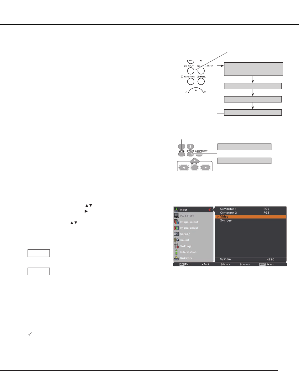 Video input, Input source selection (video, s-video) | Sanyo PJ LINK PLC-XU106 User Manual | Page 39 / 79