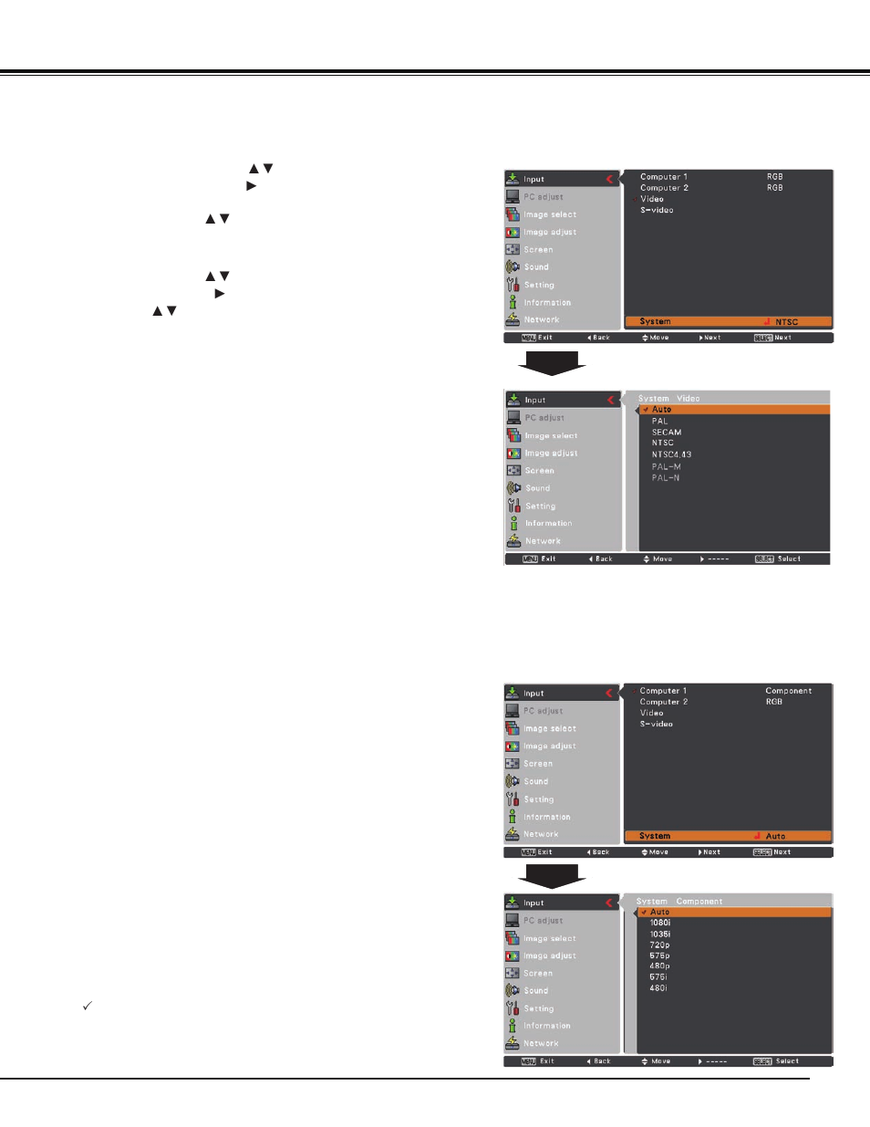 Video system selection, Video input | Sanyo PJ LINK PLC-XU106 User Manual | Page 41 / 79