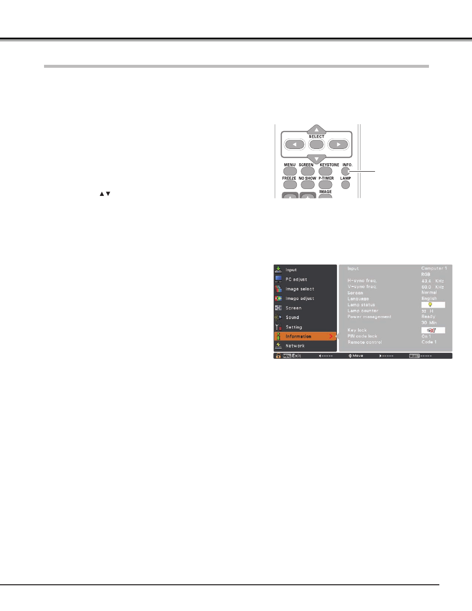 Information, Input source information display | Sanyo PJ LINK PLC-XU106 User Manual | Page 59 / 79