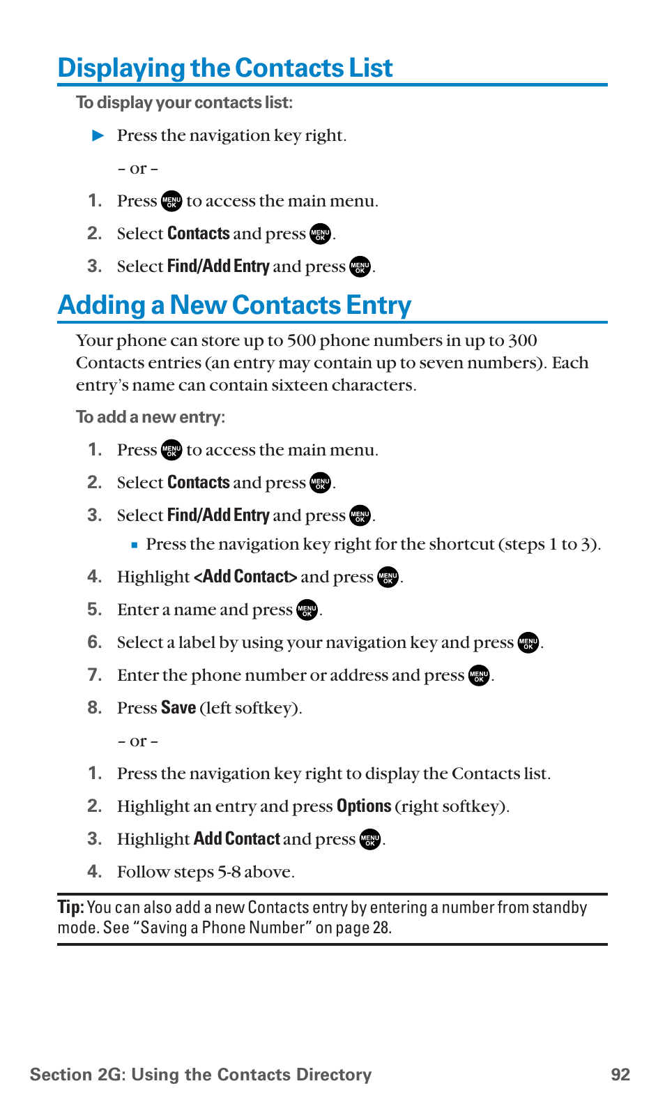 Displaying the contacts list, Adding a new contacts entry | Sanyo SCP-7400 User Manual | Page 105 / 293