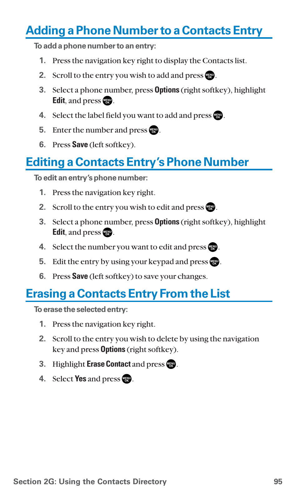 Adding a phone number to a contacts entry, Editing a contacts entry’s phone number, Erasing a contacts entry from the list | Sanyo SCP-7400 User Manual | Page 108 / 293