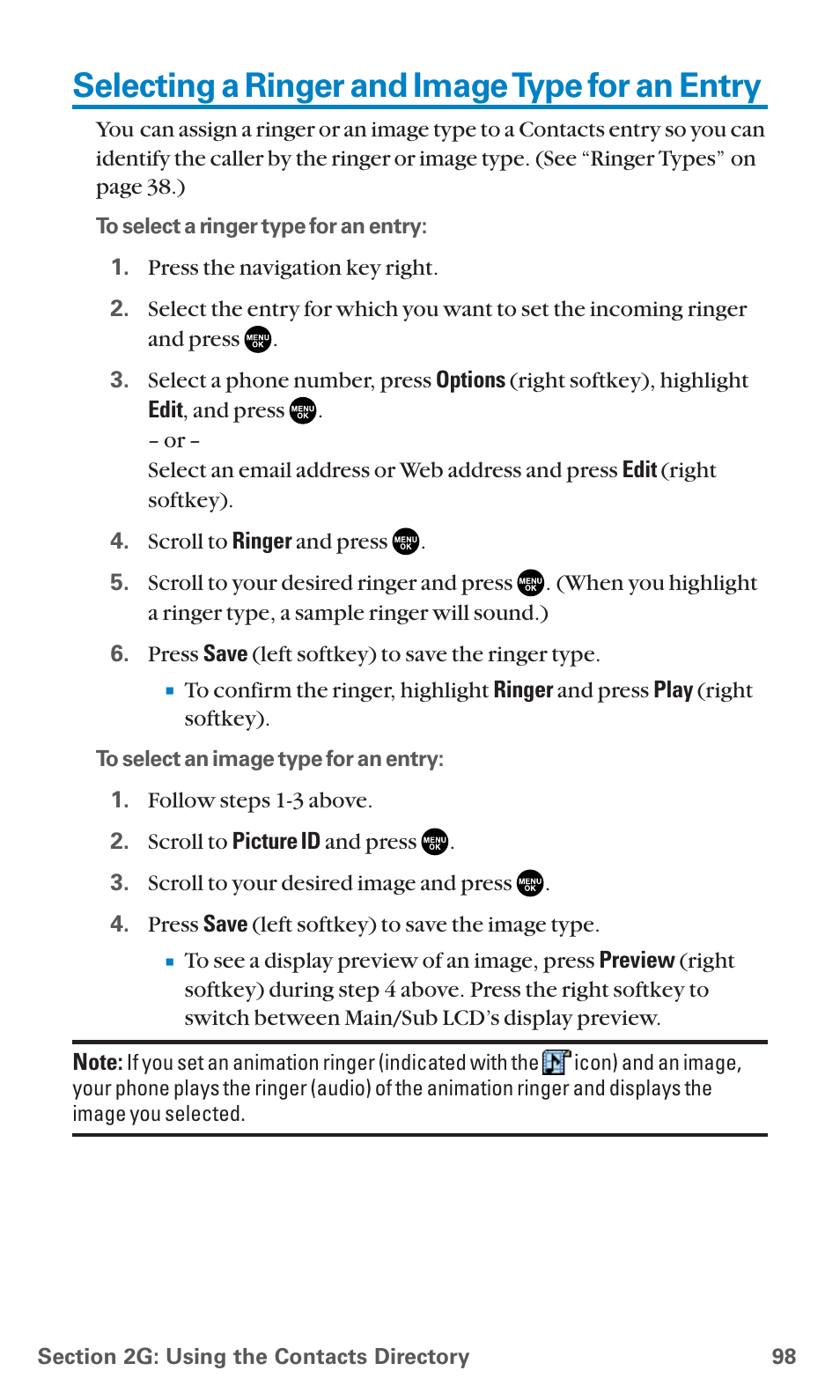 Selecting a ringer and image type for an entry | Sanyo SCP-7400 User Manual | Page 111 / 293