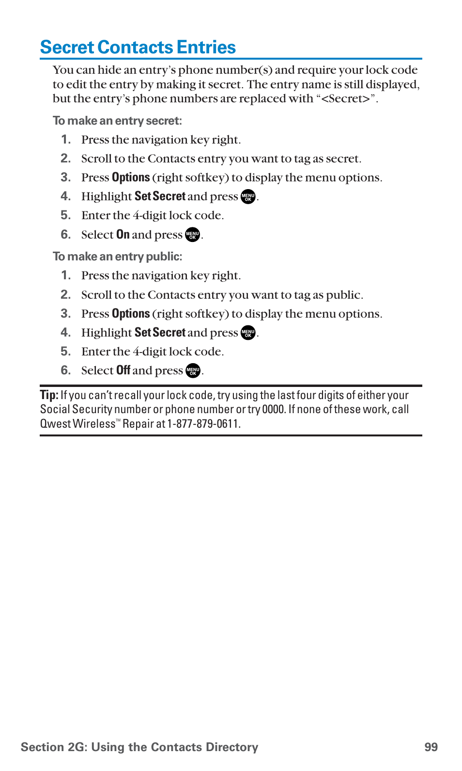 Secret contacts entries | Sanyo SCP-7400 User Manual | Page 112 / 293