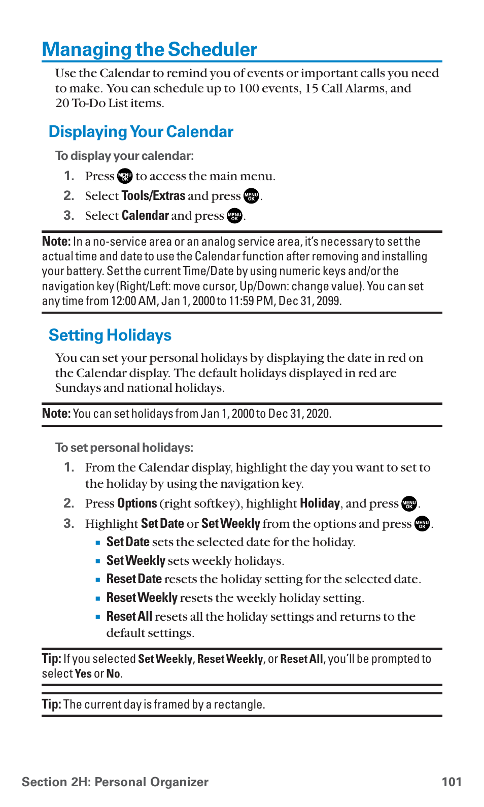 Managing the scheduler, Displaying your calendar, Setting holidays | Sanyo SCP-7400 User Manual | Page 114 / 293