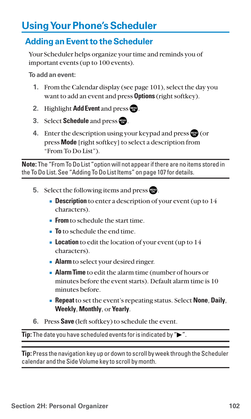 Using your phone’s scheduler, Adding an event to the scheduler | Sanyo SCP-7400 User Manual | Page 115 / 293