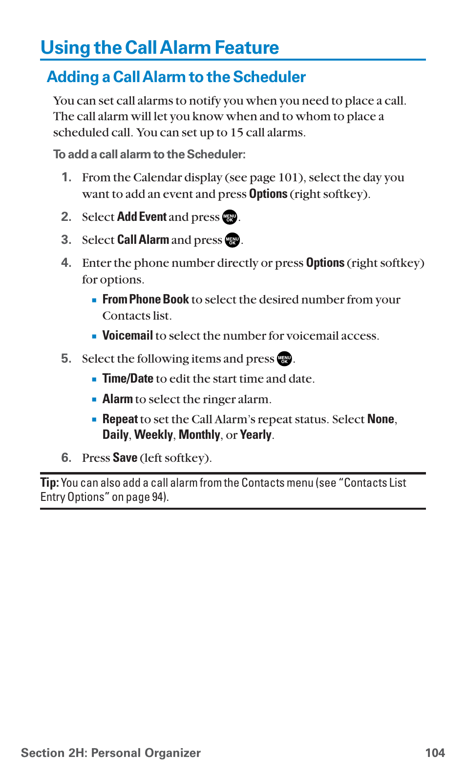 Using the call alarm feature, Adding a call alarm to the scheduler | Sanyo SCP-7400 User Manual | Page 117 / 293