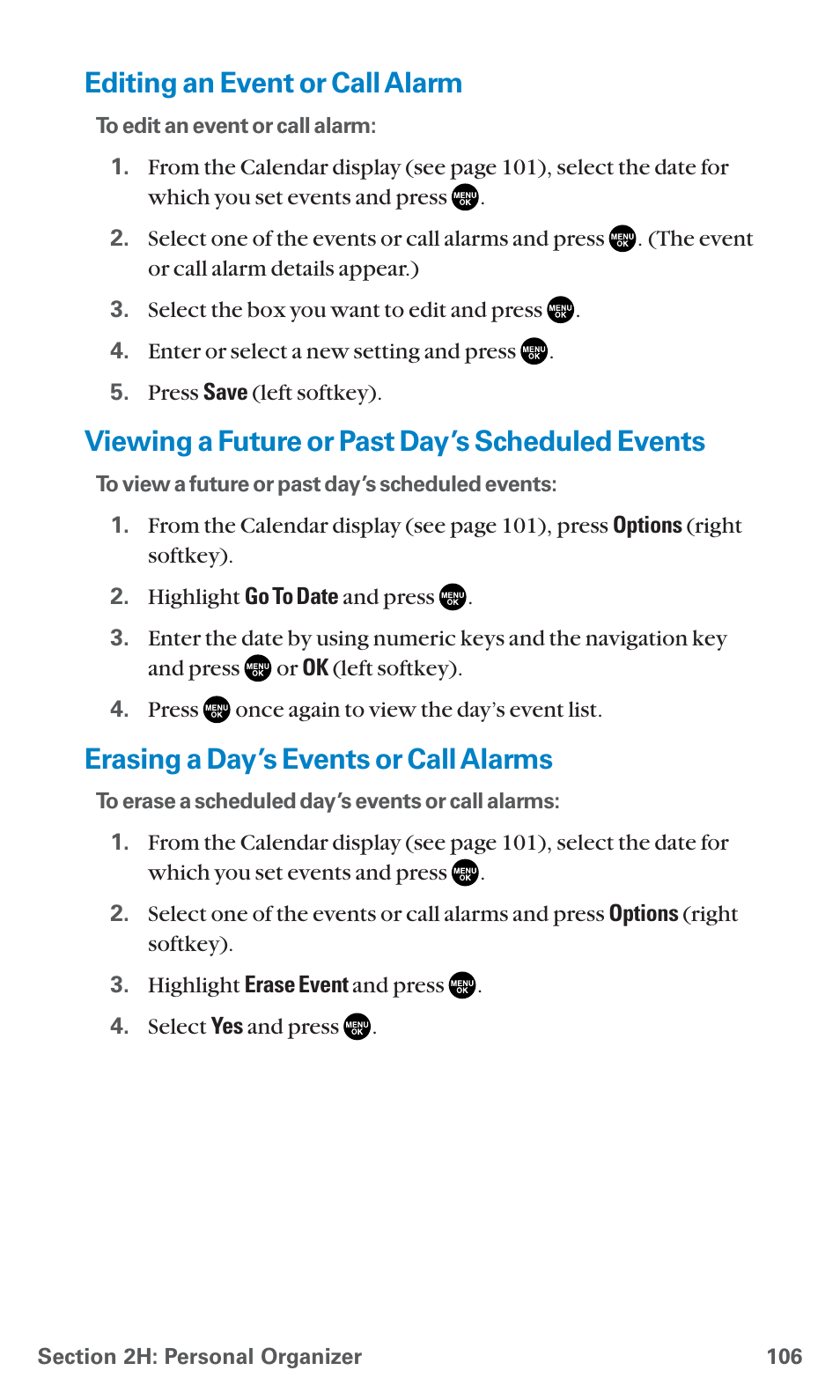 Editing an event or call alarm, Viewing a future or past day’s scheduled events, Erasing a day’s events or call alarms | Sanyo SCP-7400 User Manual | Page 119 / 293