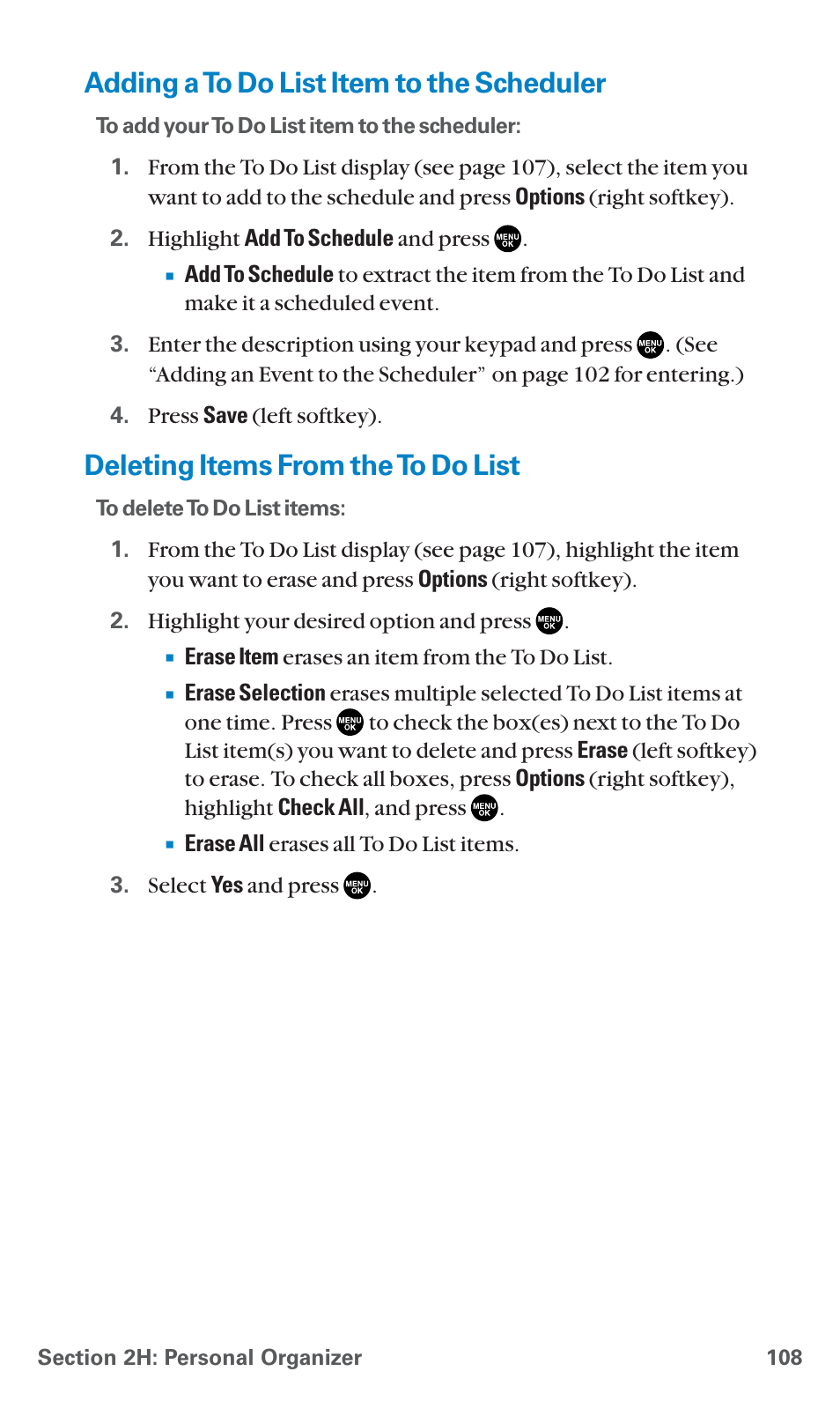 Adding a to do list item to the scheduler, Deleting items from the to do list | Sanyo SCP-7400 User Manual | Page 121 / 293