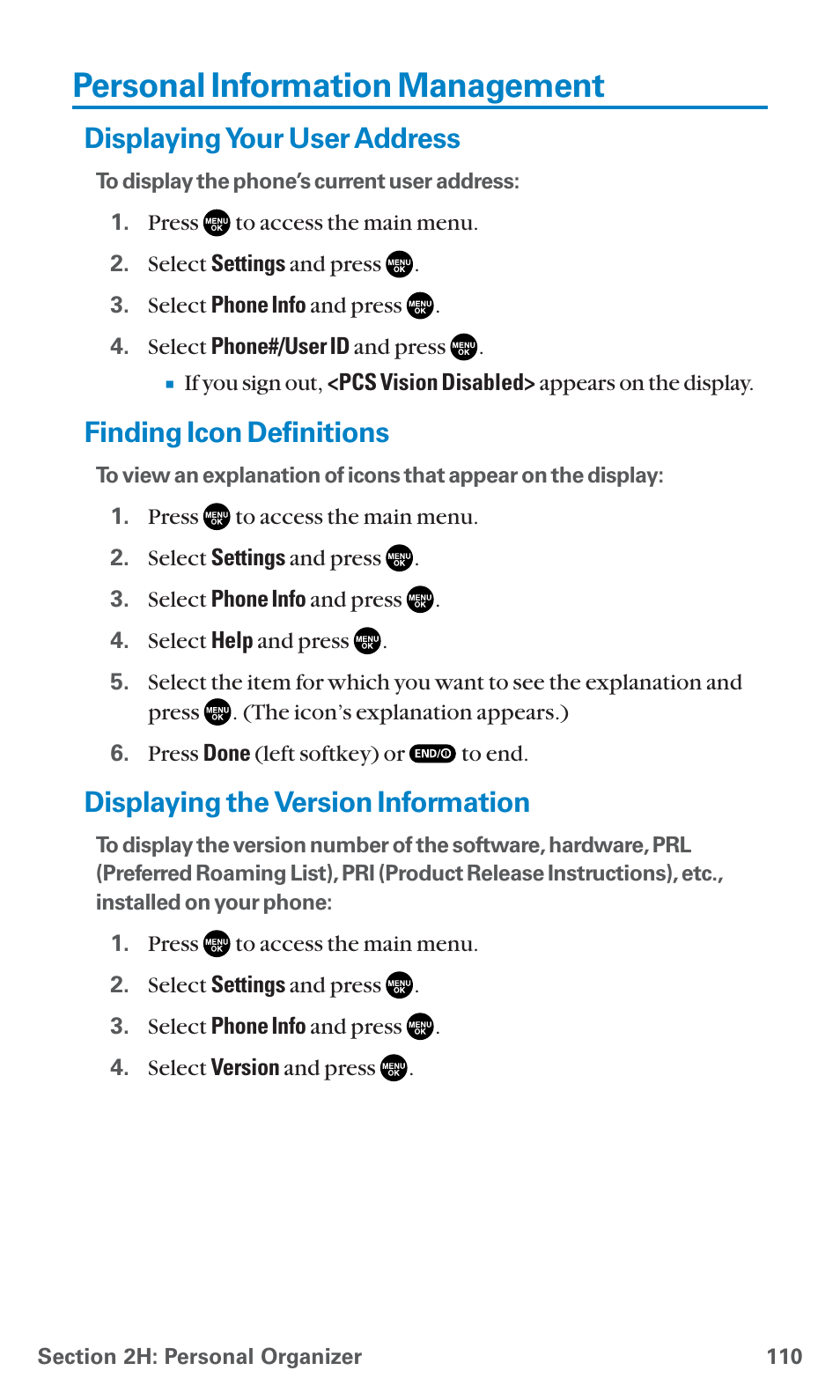 Personal information management, Displaying your user address, Finding icon definitions | Displaying the version information | Sanyo SCP-7400 User Manual | Page 123 / 293