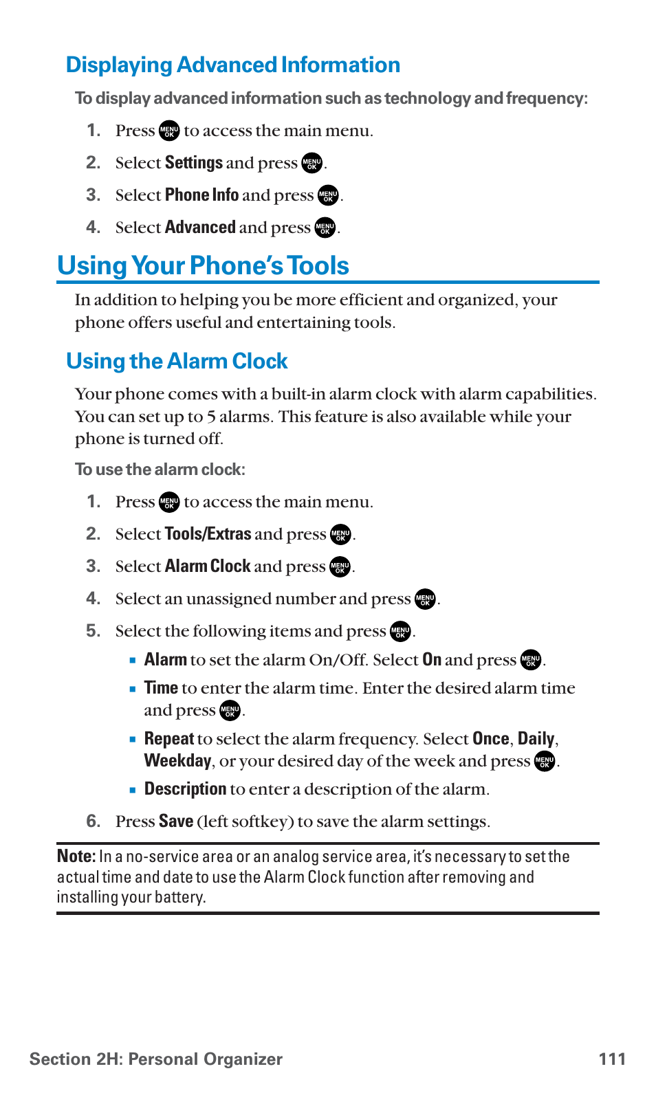 Displaying advanced information, Using your phone’s tools, Using the alarm clock | Sanyo SCP-7400 User Manual | Page 124 / 293