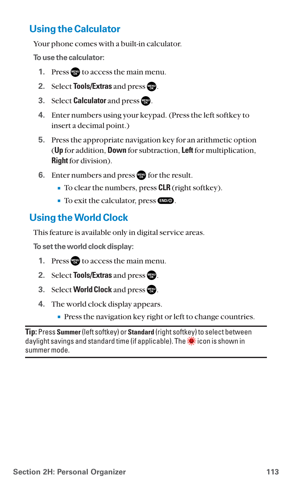 Using the calculator, Using the world clock | Sanyo SCP-7400 User Manual | Page 126 / 293