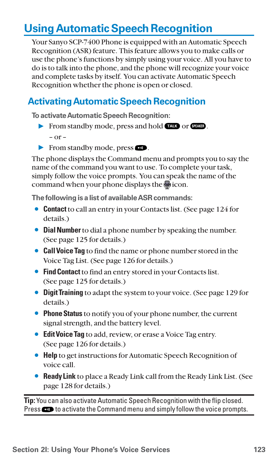 Using automatic speech recognition, Activating automatic speech recognition | Sanyo SCP-7400 User Manual | Page 136 / 293