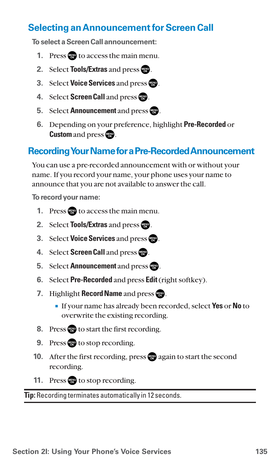 Selecting an announcement for screen call, Recordingyour name for a pre-recorded announcement | Sanyo SCP-7400 User Manual | Page 148 / 293