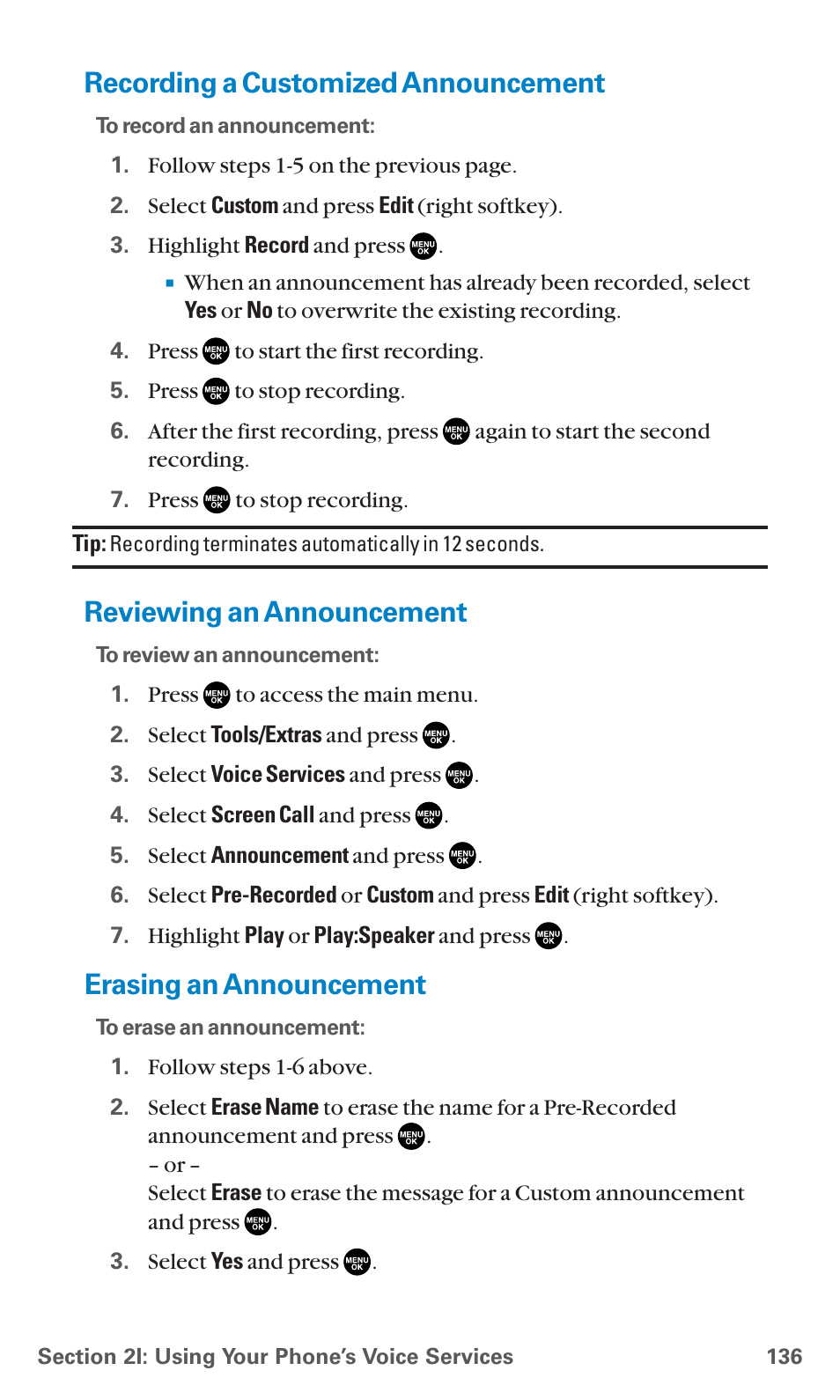 Recording a customized announcement, Reviewing an announcement, Erasing an announcement | Sanyo SCP-7400 User Manual | Page 149 / 293