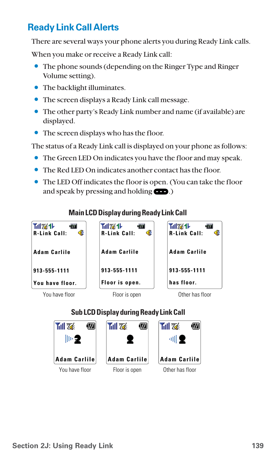 Ready link call alerts, The backlight illuminates, The screen displays a ready link call message | Sanyo SCP-7400 User Manual | Page 152 / 293