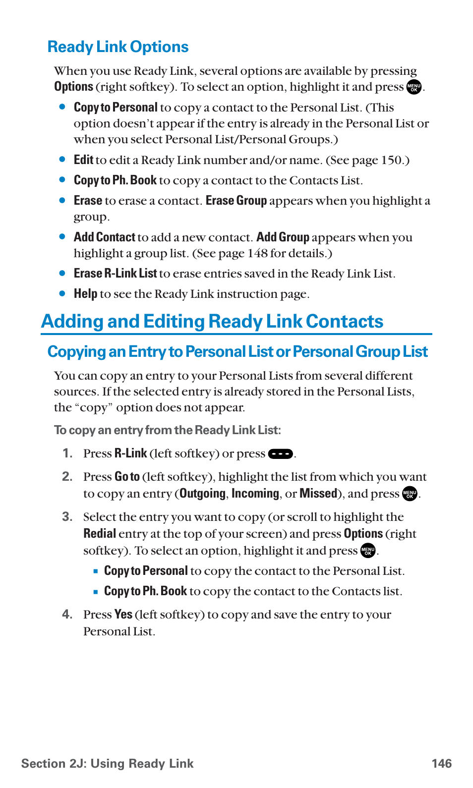 Ready link options, Adding and editing ready link contacts | Sanyo SCP-7400 User Manual | Page 159 / 293