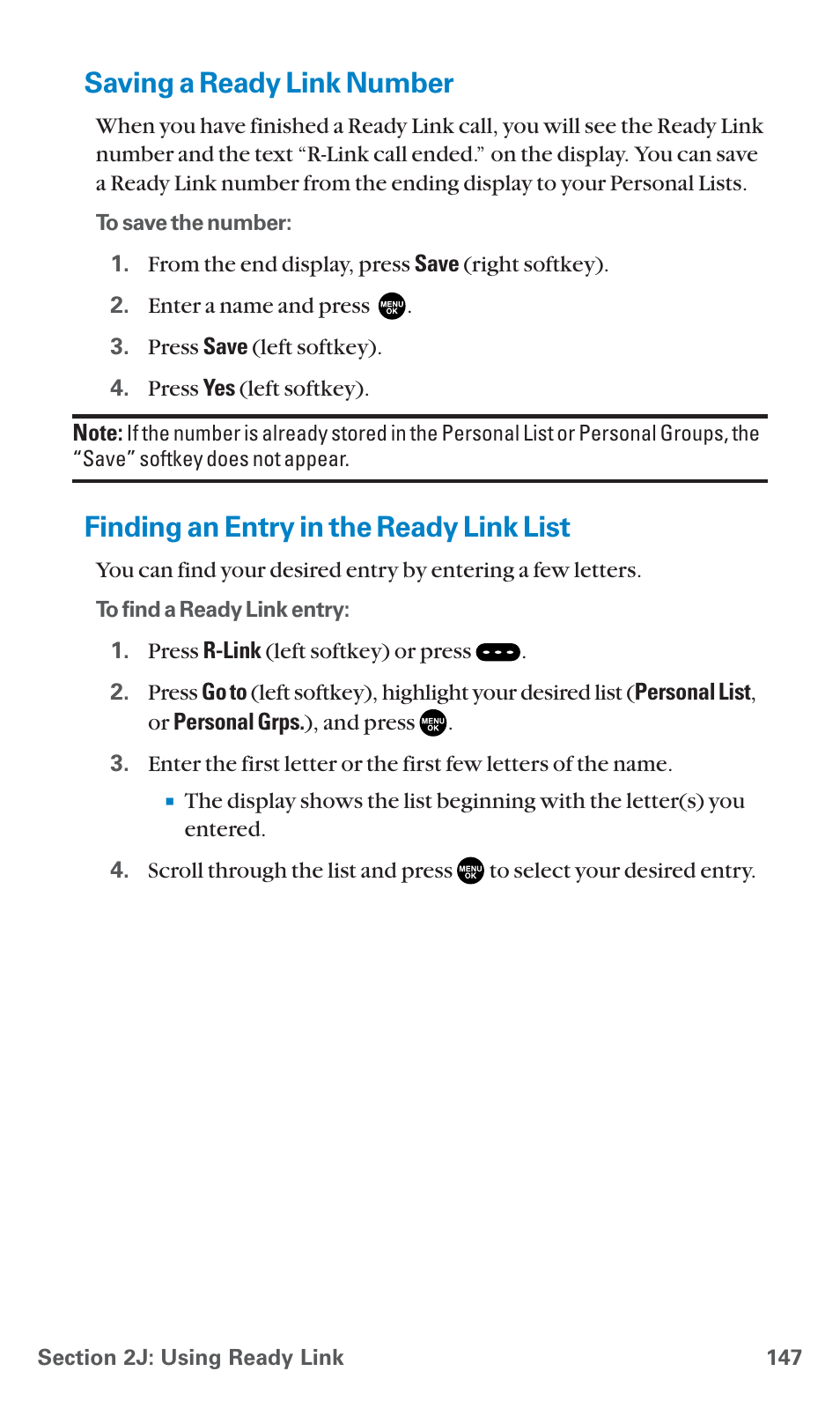 Saving a ready link number, Finding an entry in the ready link list | Sanyo SCP-7400 User Manual | Page 160 / 293