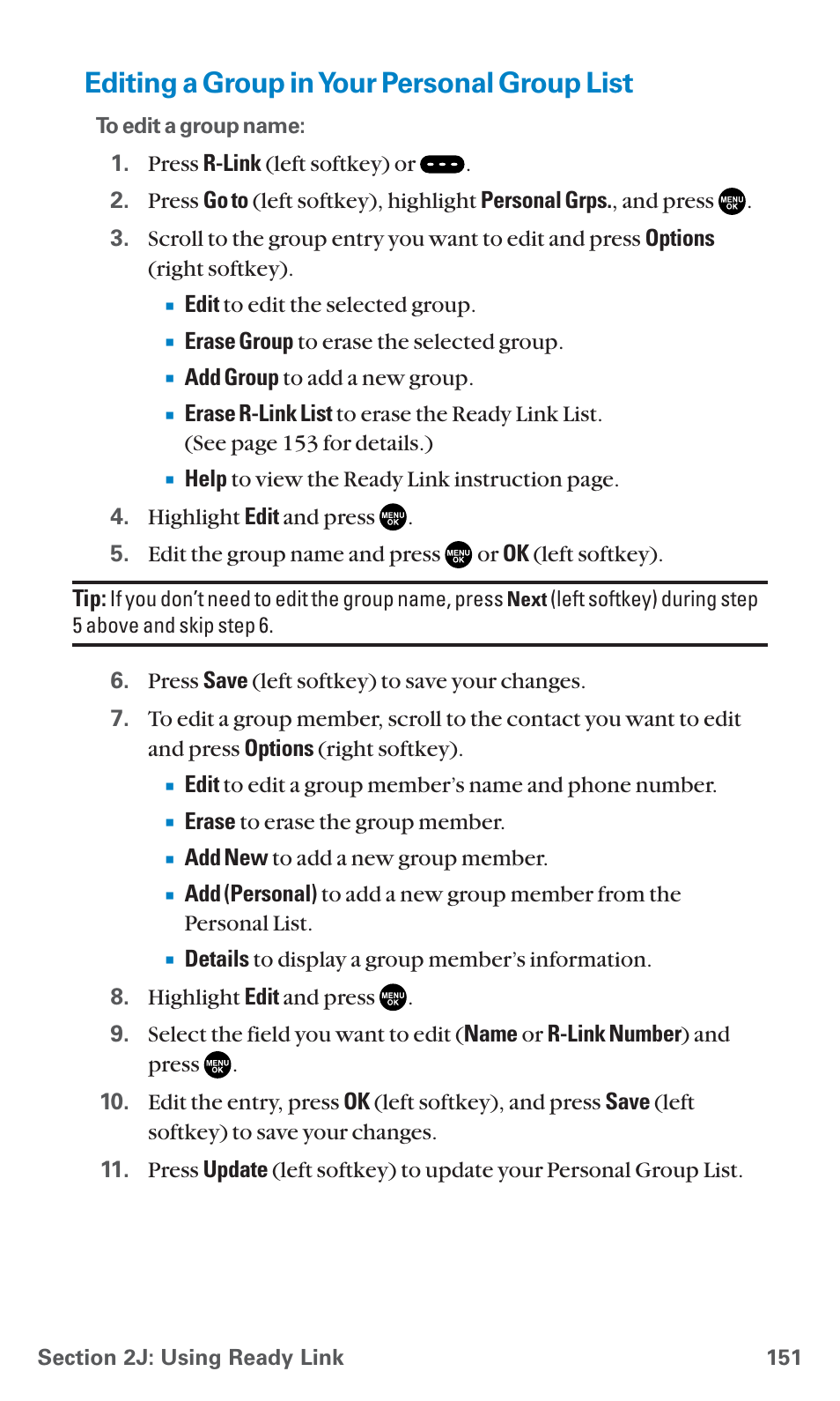 Editing a group in your personal group list | Sanyo SCP-7400 User Manual | Page 164 / 293