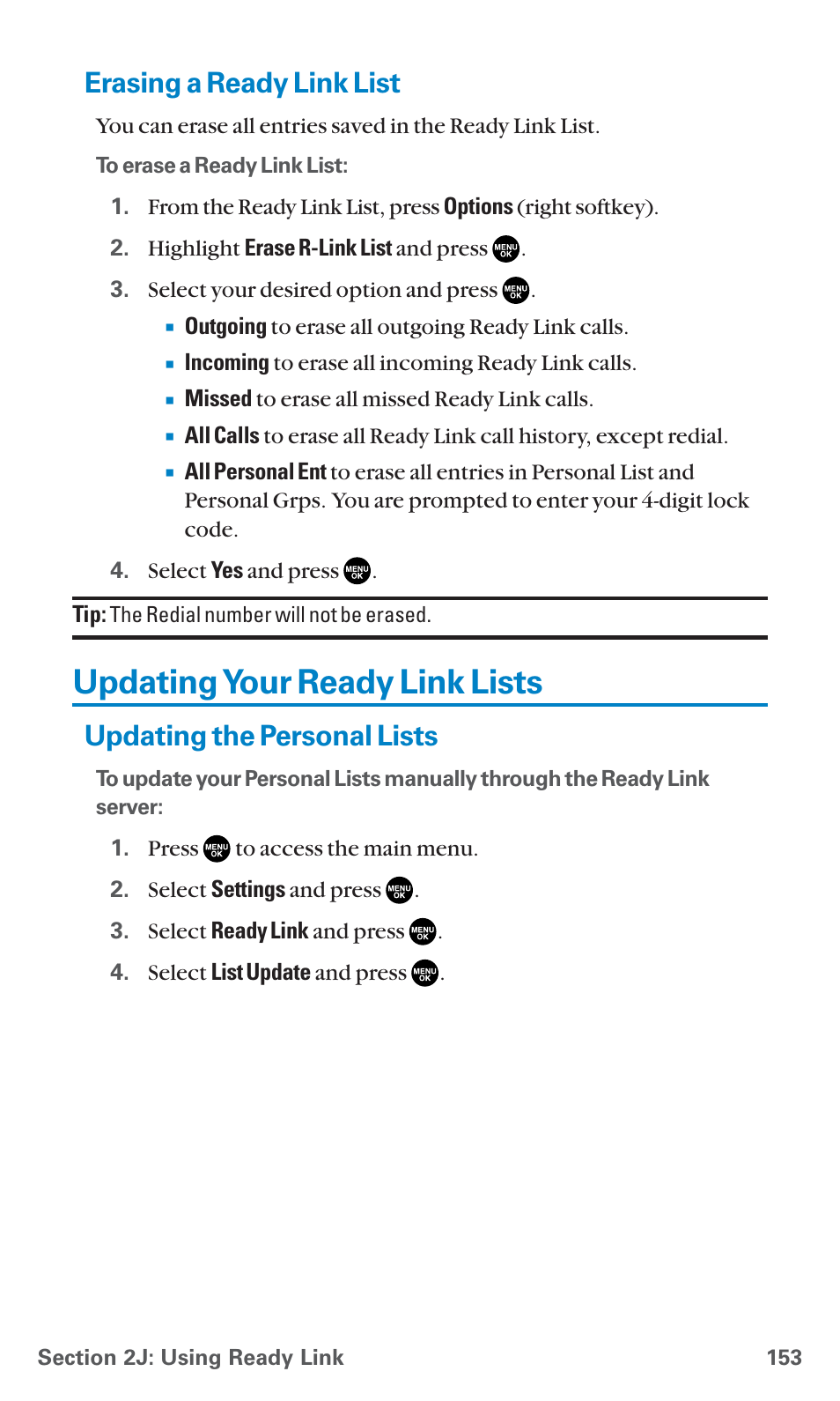 Erasing a ready link list, Updating your ready link lists, Updating the personal lists | Sanyo SCP-7400 User Manual | Page 166 / 293