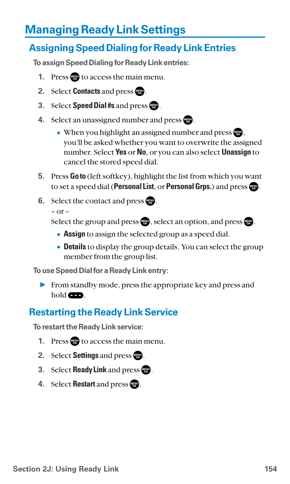 Managing ready link settings, Assigning speed dialing for ready link entries, Restarting the ready link service | Sanyo SCP-7400 User Manual | Page 167 / 293