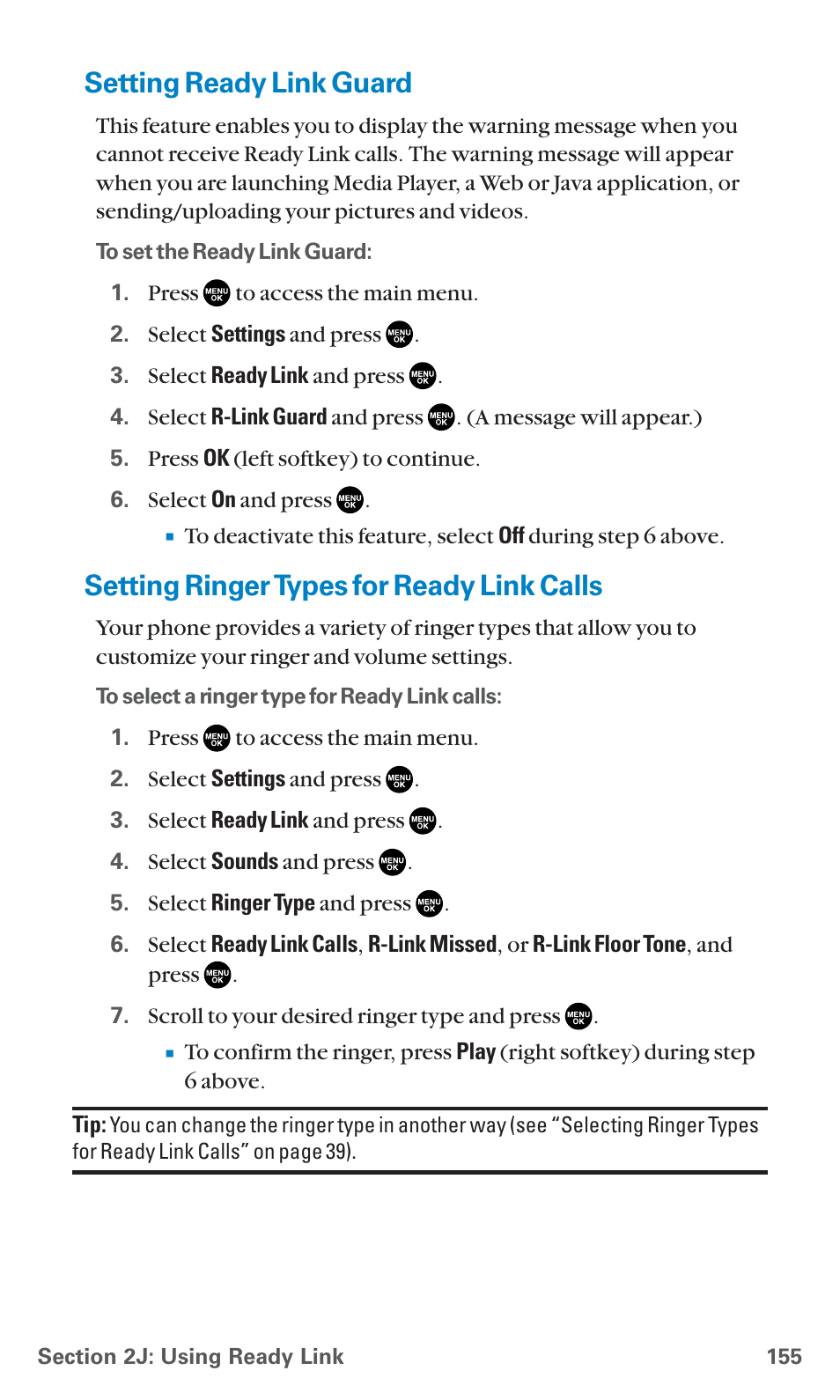 Setting ready link guard, Setting ringer types for ready link calls | Sanyo SCP-7400 User Manual | Page 168 / 293