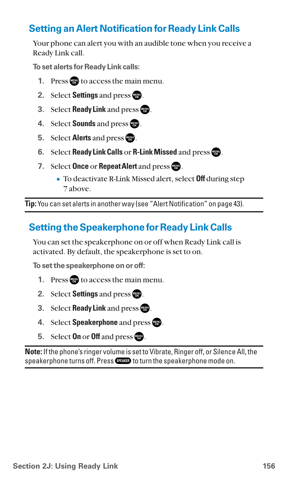 Setting an alert notification for ready link calls, Setting the speakerphone for ready link calls | Sanyo SCP-7400 User Manual | Page 169 / 293