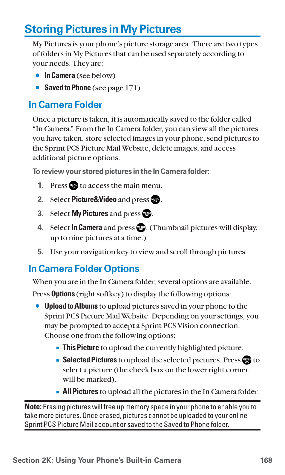 Storing pictures in my pictures, In camera folder, In camera folder options | Sanyo SCP-7400 User Manual | Page 181 / 293