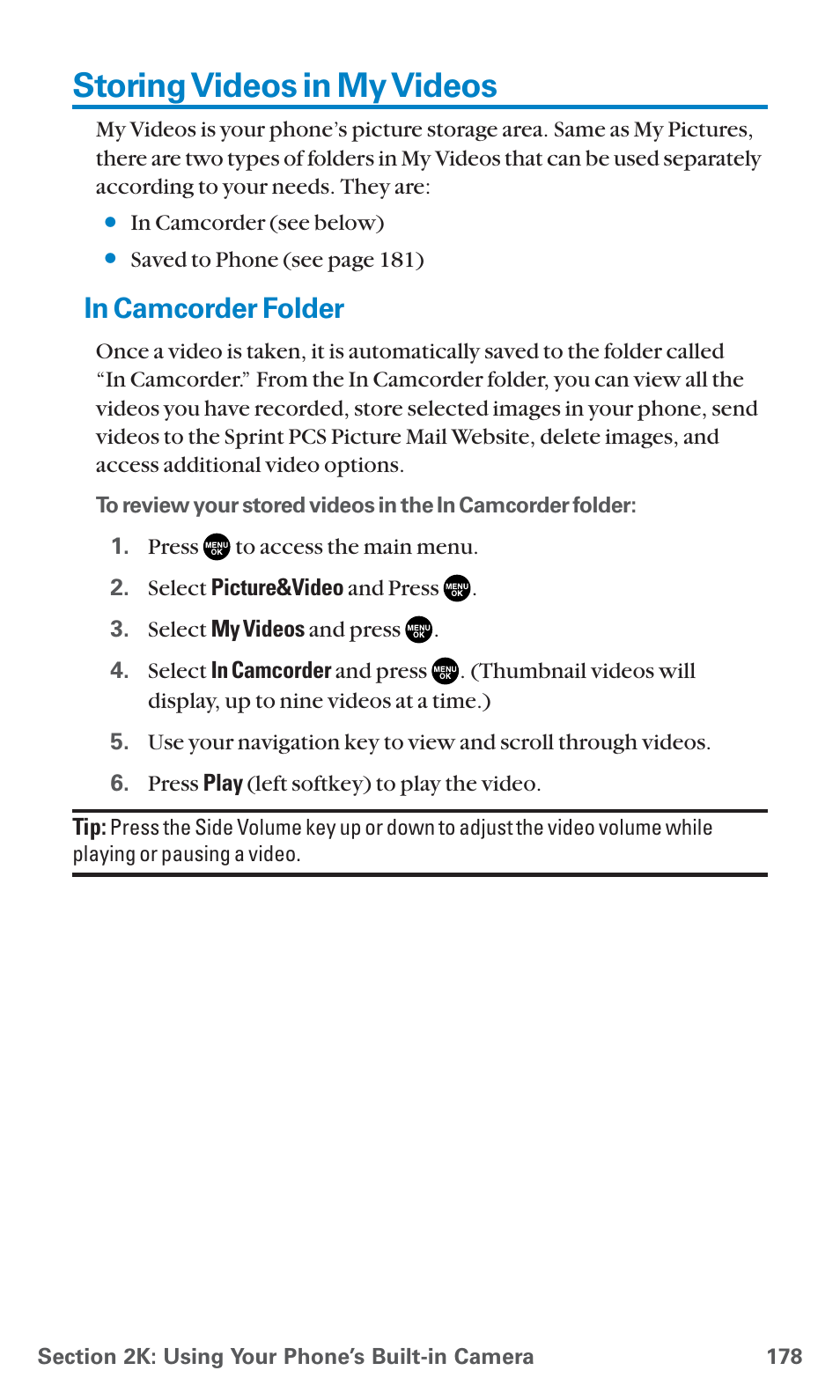 Storing videos in my videos, In camcorder folder | Sanyo SCP-7400 User Manual | Page 191 / 293