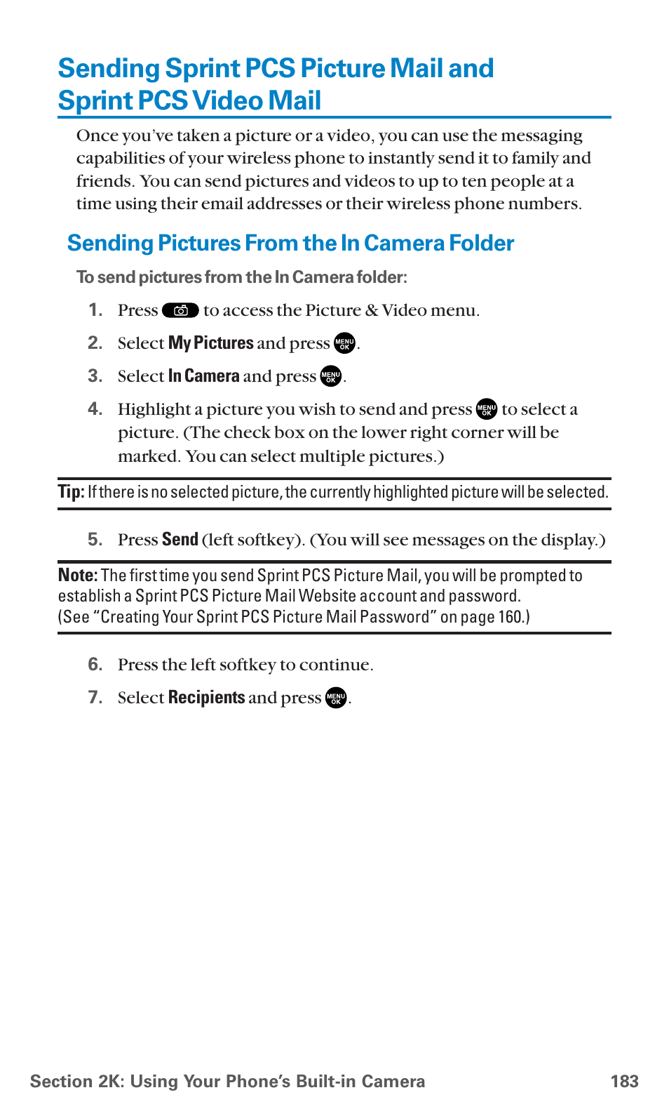 Sending pictures from the in camera folder, Or 183, And 183 | Sanyo SCP-7400 User Manual | Page 196 / 293