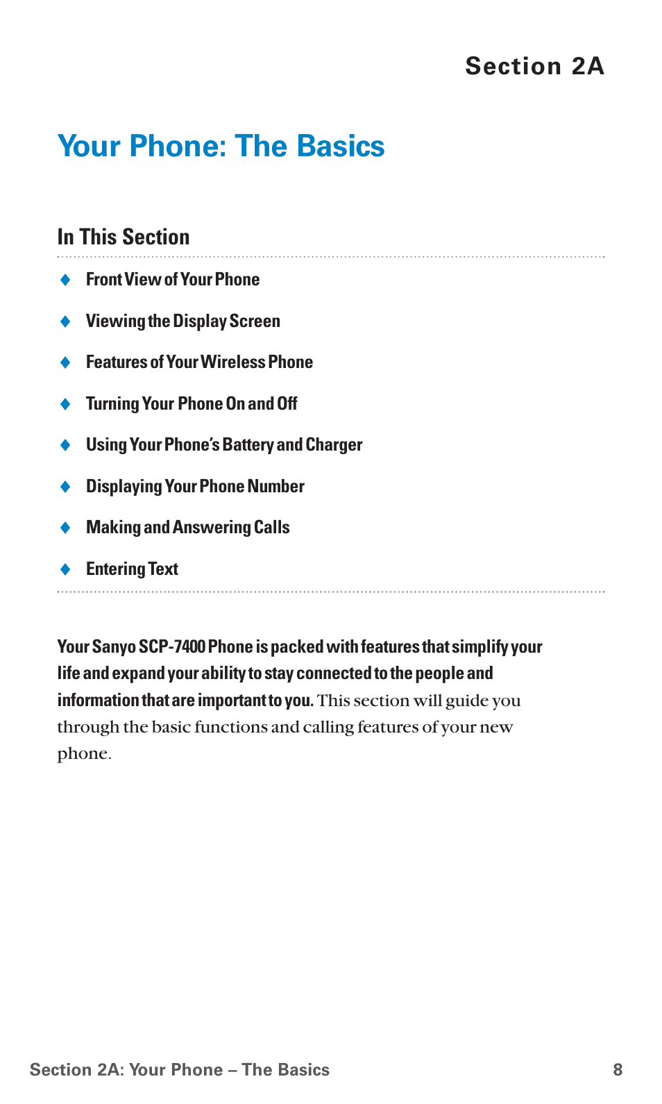 2a. your phone: the basics, Your phone: the basics | Sanyo SCP-7400 User Manual | Page 21 / 293