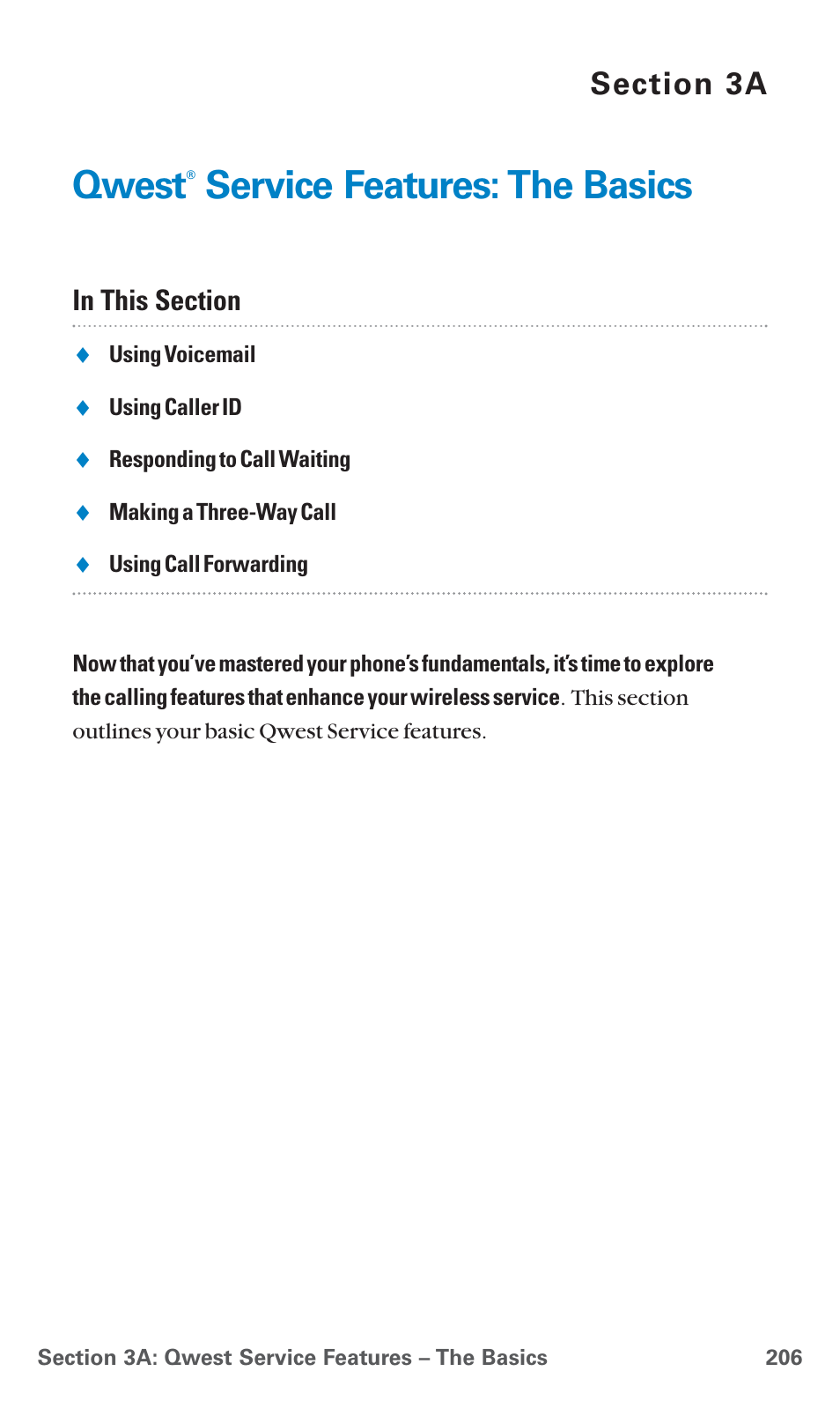 3a. qwest, Service features: the basics, Qwest | Sanyo SCP-7400 User Manual | Page 219 / 293