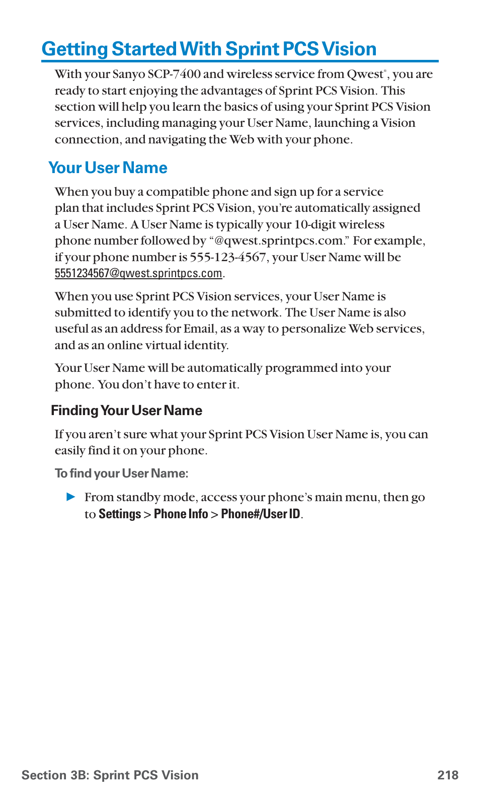 Getting started with sprint pcs vision, Your user name | Sanyo SCP-7400 User Manual | Page 231 / 293