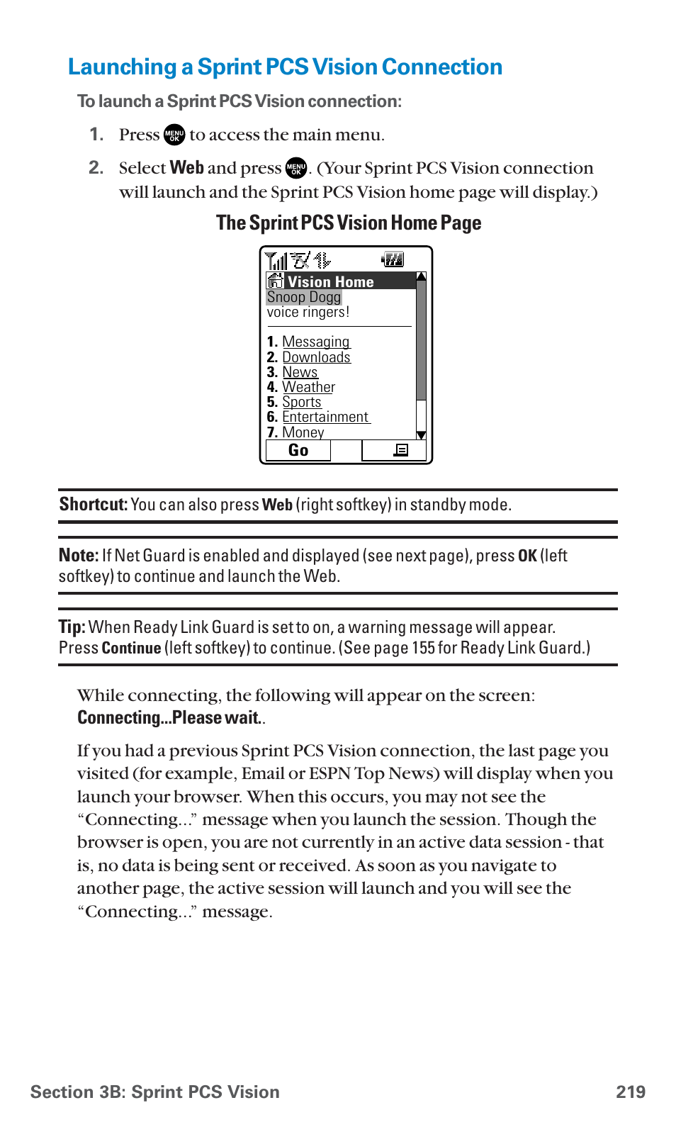 Launching a sprint pcs vision connection, The sprint pcs vision home page | Sanyo SCP-7400 User Manual | Page 232 / 293