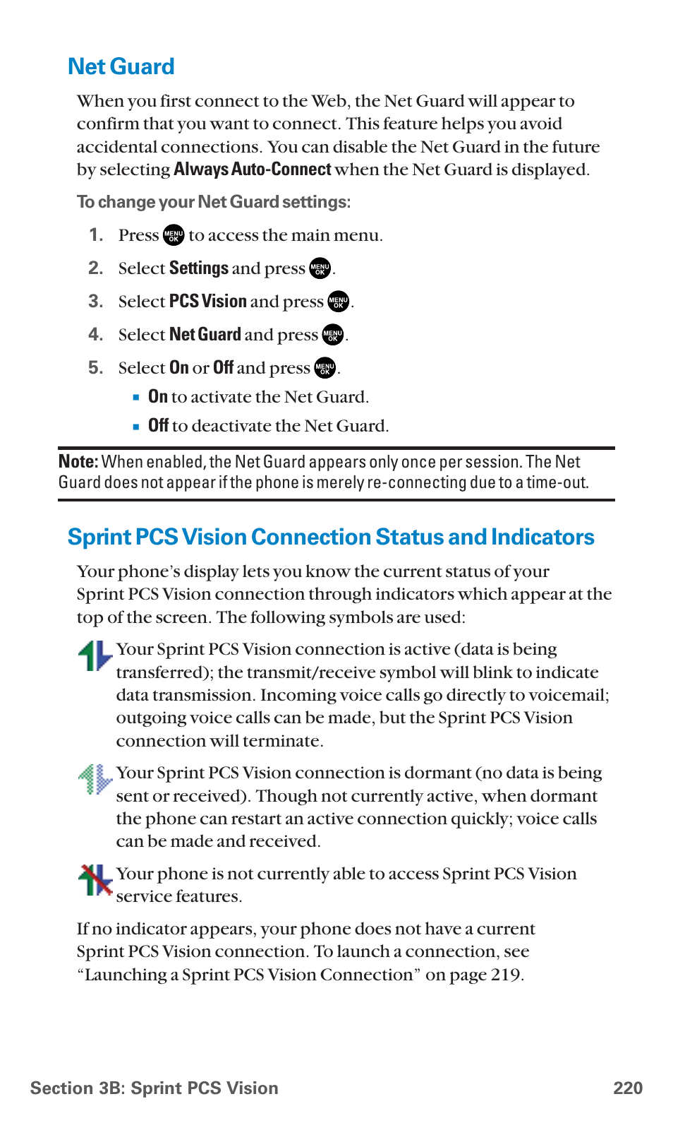 Net guard, Sprint pcs vision connection status and indicators | Sanyo SCP-7400 User Manual | Page 233 / 293