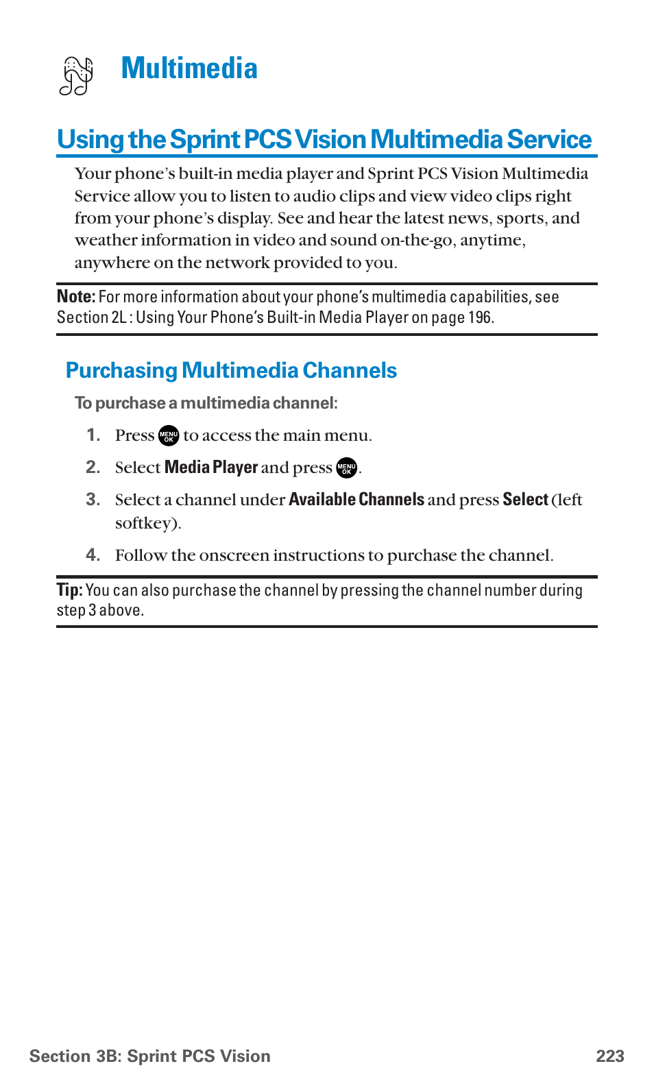 Using the sprint pcs vision multimedia service, Purchasing multimedia channels, Multimedia | Sanyo SCP-7400 User Manual | Page 236 / 293